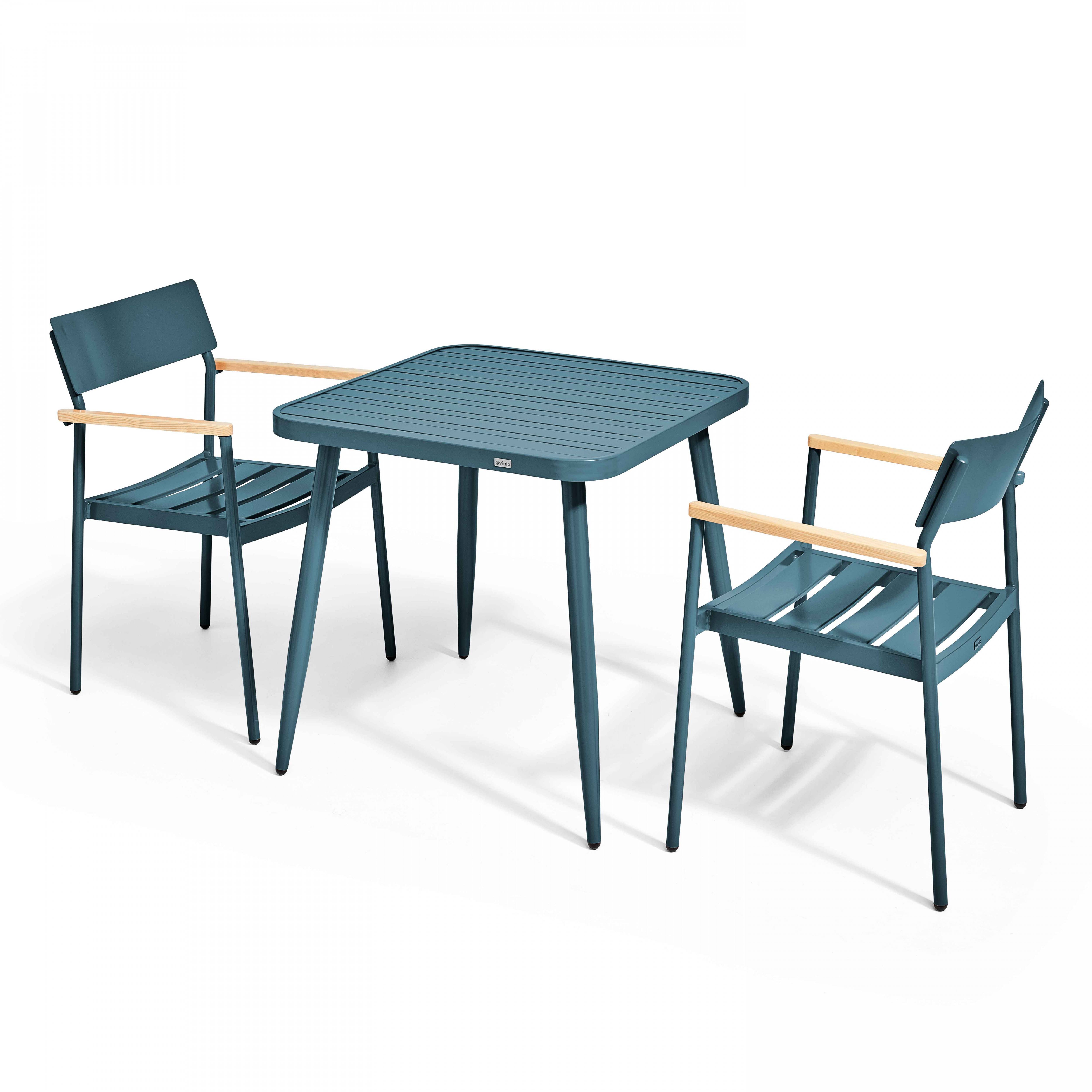 Oviala - Ensemble table de jardin et 2 fauteuils aluminium/bois bleu canard Bristol - Oviala - Image 1