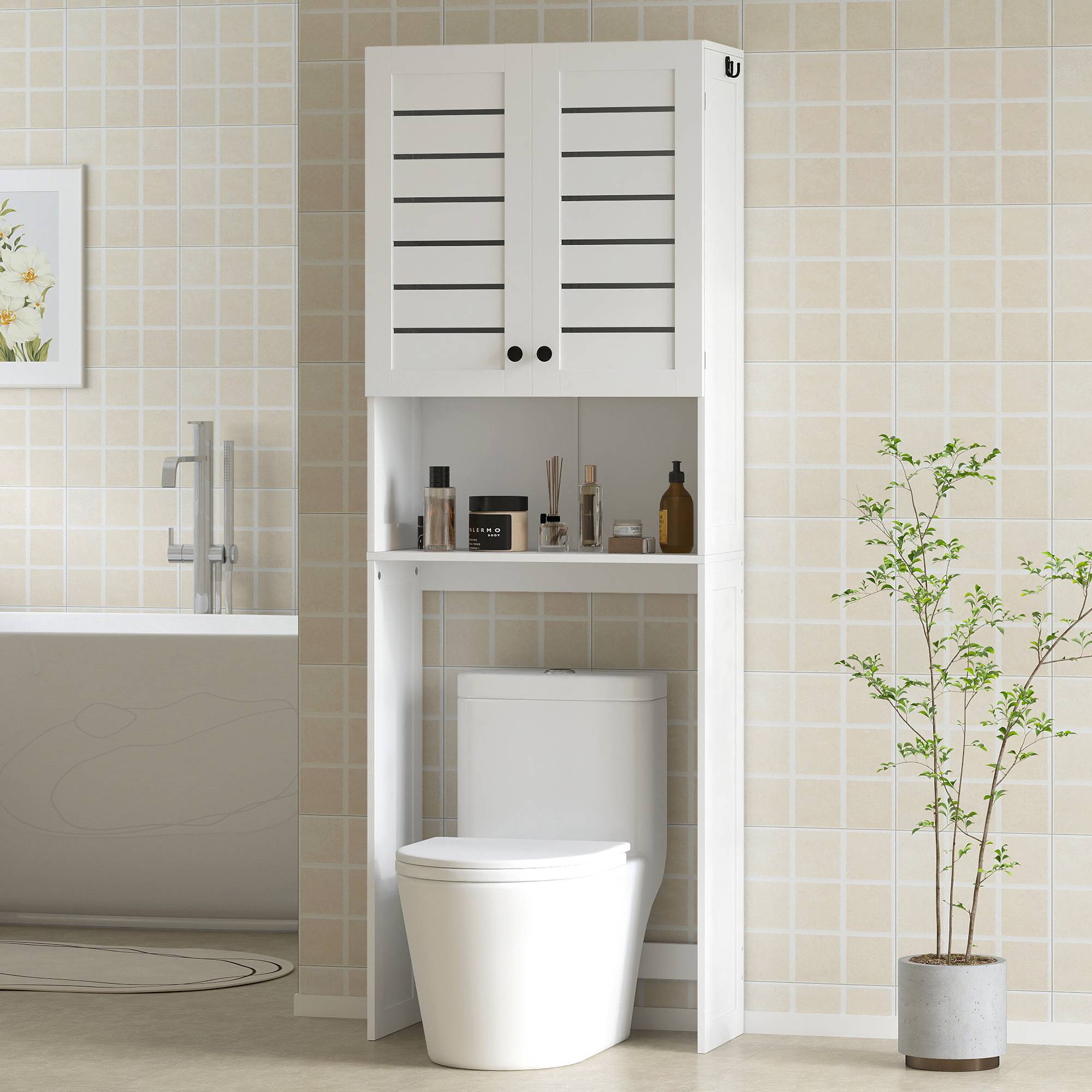 Sans Marque - Meuble WC dessus toilette/machine à laver placard porte double portes persiennes 67x31,5x190cm blanc - Image 4