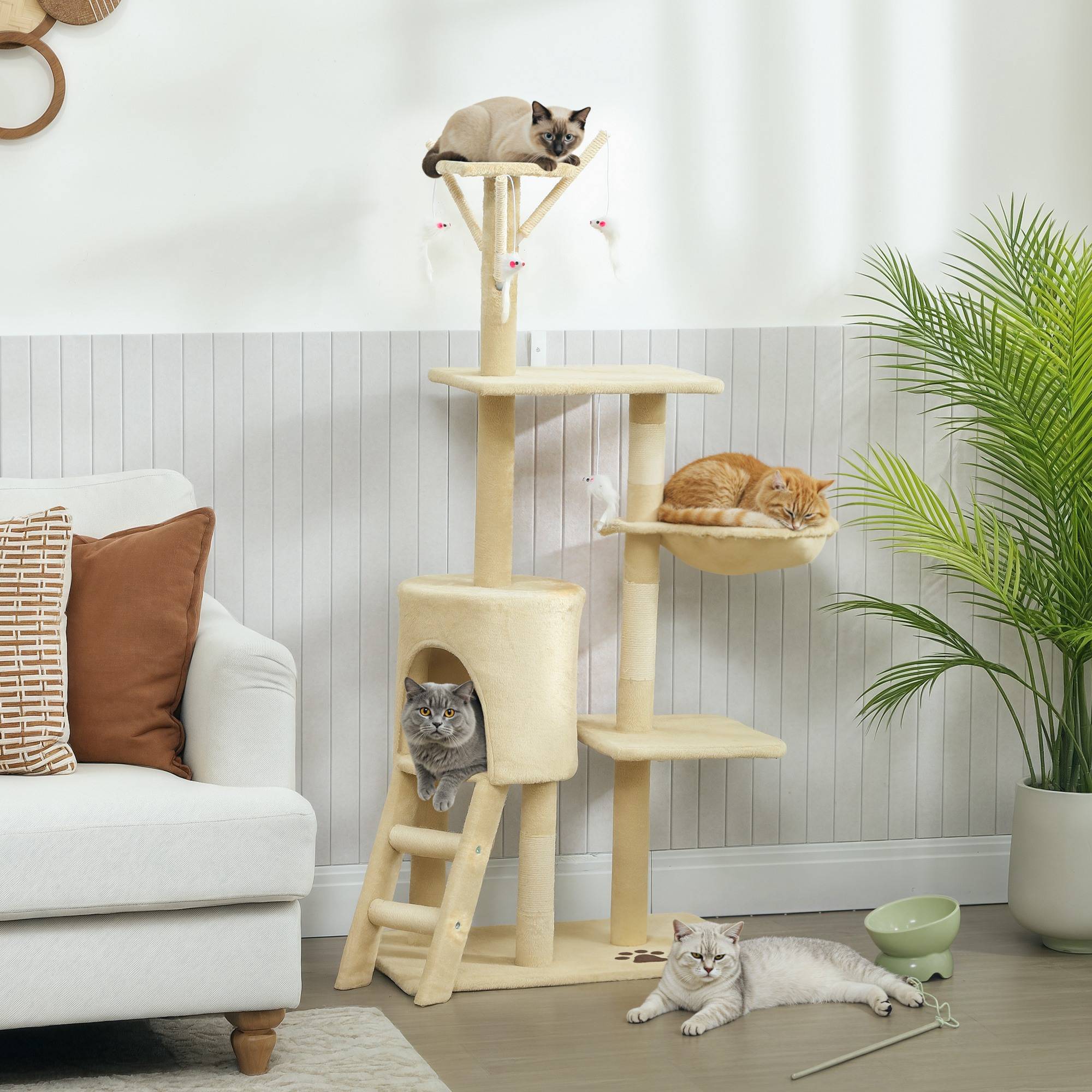 arbre à chat beige 134 cm 6 poteaux 3 plateformes grotte hamac échelle jouets chat intérieur complet stable - Image 3