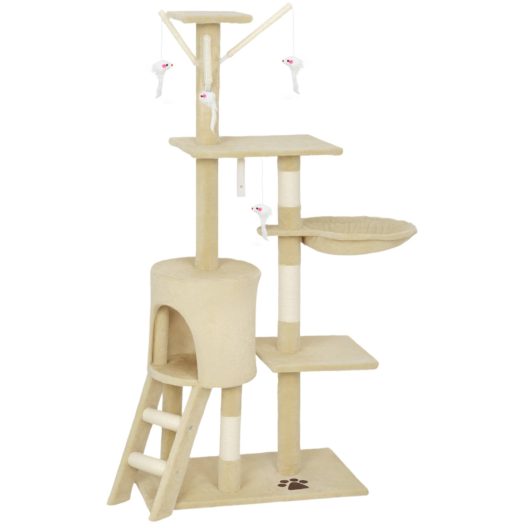 arbre à chat beige 134 cm 6 poteaux 3 plateformes grotte hamac échelle jouets chat intérieur complet stable - Image 2