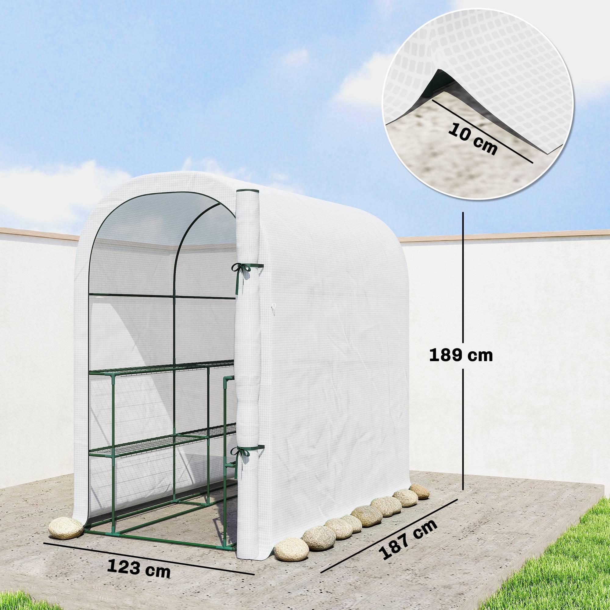 ComfortXL - Serre tunnel de jardin acier 123 x 187 x 189 cm blanche avec étagères porte enroulable - ComfortXL Outdoor Living - Image 5