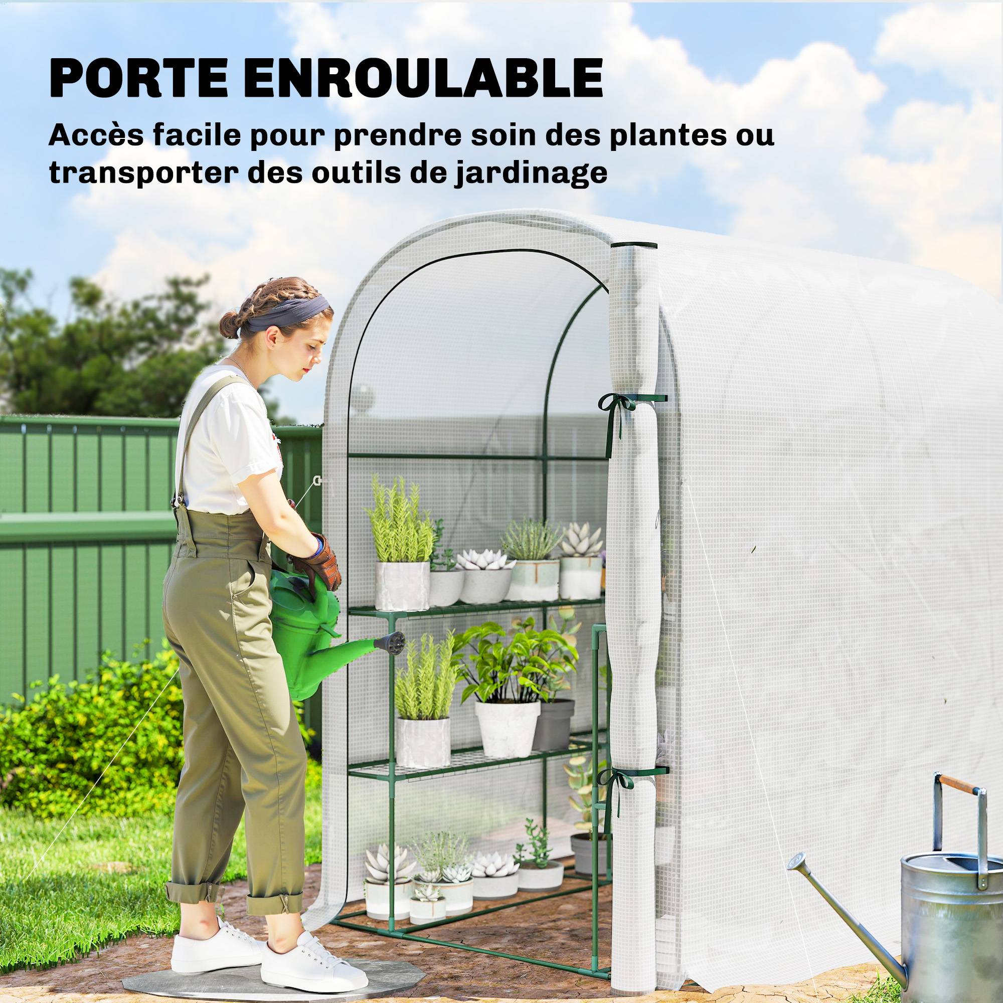 ComfortXL - Serre tunnel de jardin acier 123 x 187 x 189 cm blanche avec étagères porte enroulable - ComfortXL Outdoor Living - Image 8