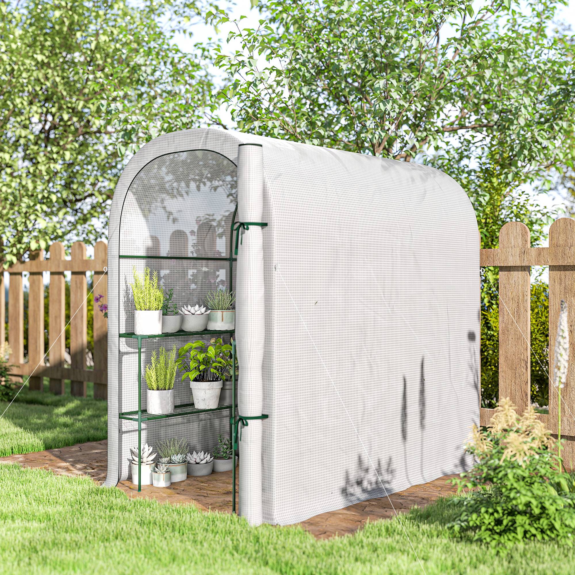 ComfortXL - Serre tunnel de jardin acier 123 x 187 x 189 cm blanche avec étagères porte enroulable - ComfortXL Outdoor Living - Image 10