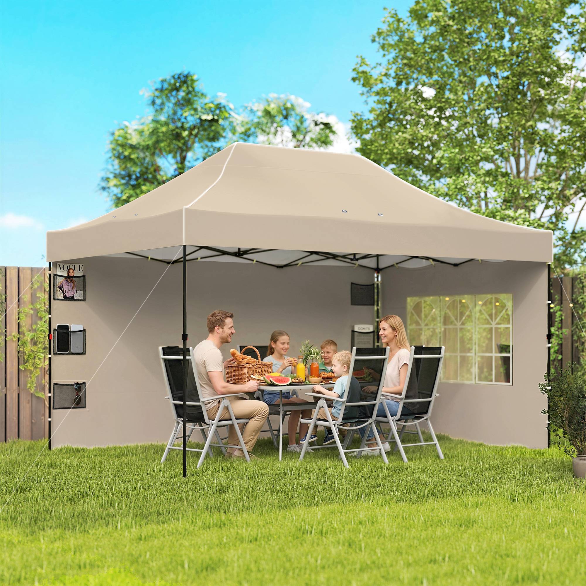Tonnelle pliante avec parois latérales et fenêtres, 2,9 x 4,3 m, métal et toile Oxford, marron sable - Image 3