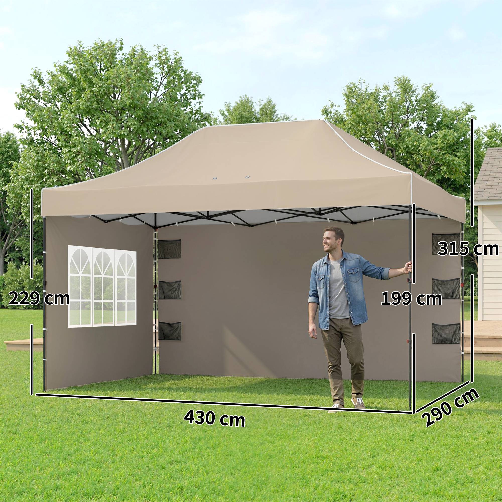 Tonnelle pliante avec parois latérales et fenêtres, 2,9 x 4,3 m, métal et toile Oxford, marron sable - Image 5
