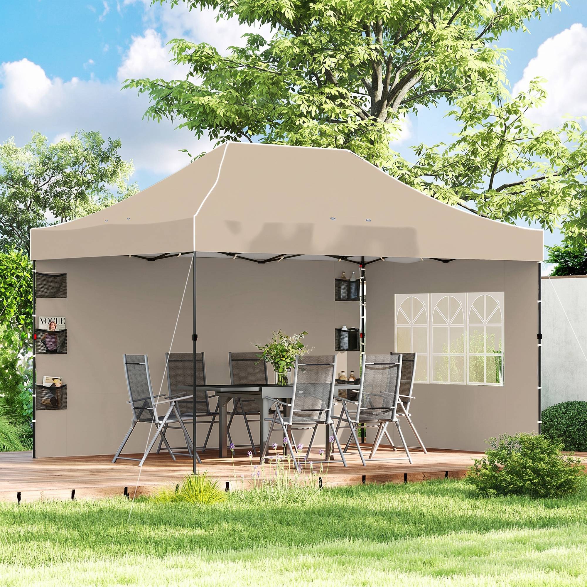 Tonnelle pliante avec parois latérales et fenêtres, 2,9 x 4,3 m, métal et toile Oxford, marron sable - Image 4