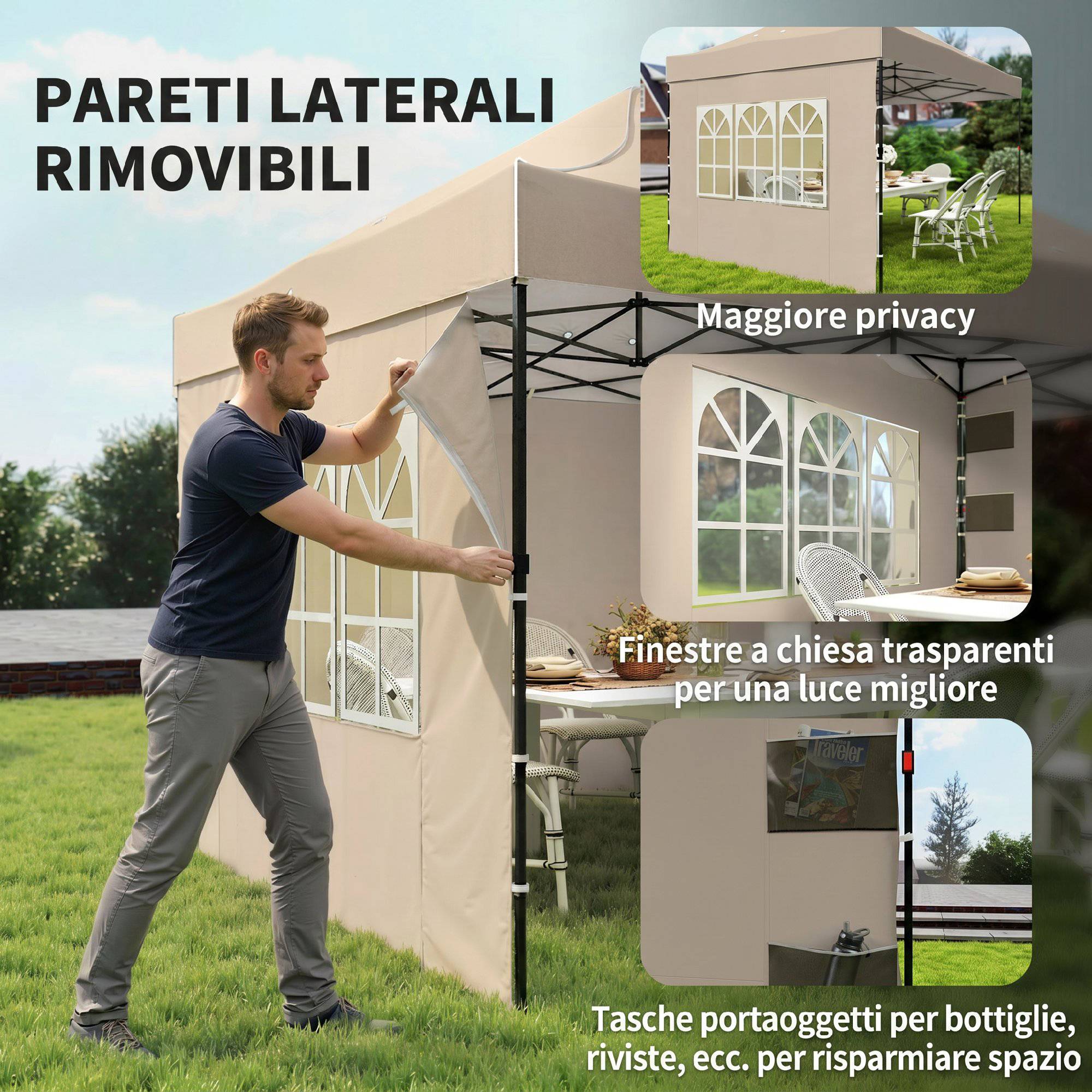 Tonnelle pliante avec parois latérales et fenêtres, 2,9 x 4,3 m, métal et toile Oxford, marron sable - Image 8