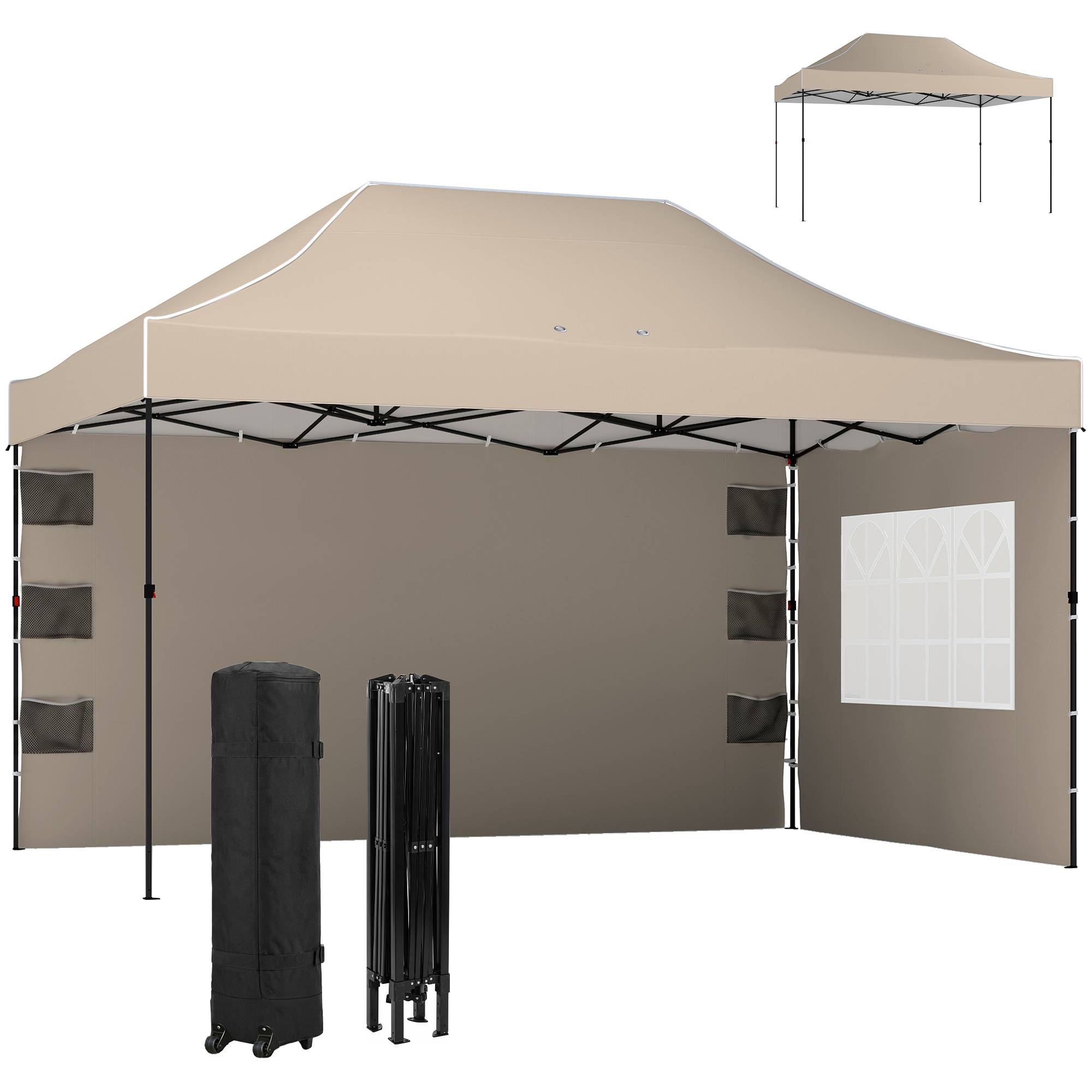 Tonnelle pliante avec parois latérales et fenêtres, 2,9 x 4,3 m, métal et toile Oxford, marron sable - Image 1