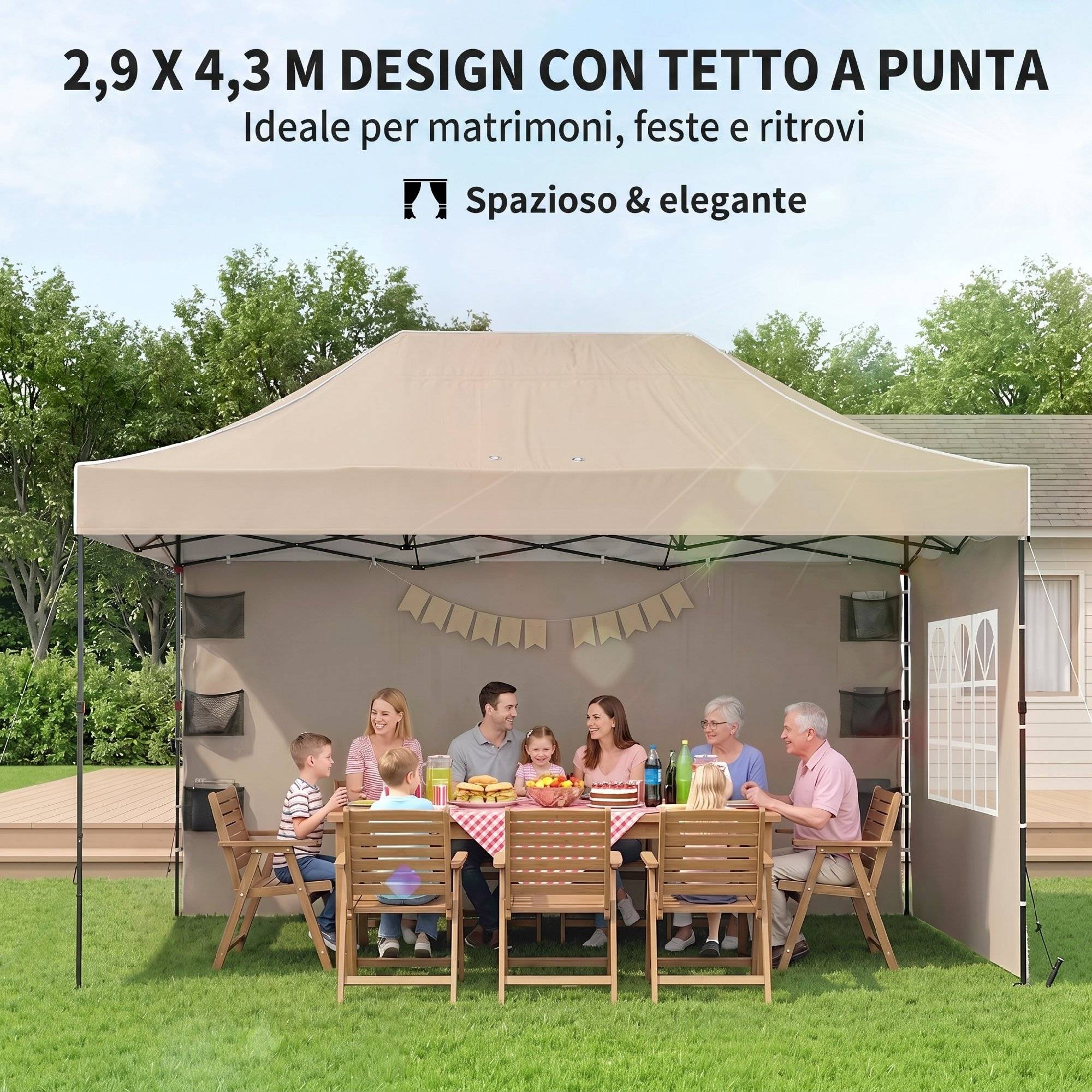 Tonnelle pliante avec parois latérales et fenêtres, 2,9 x 4,3 m, métal et toile Oxford, marron sable - Image 6