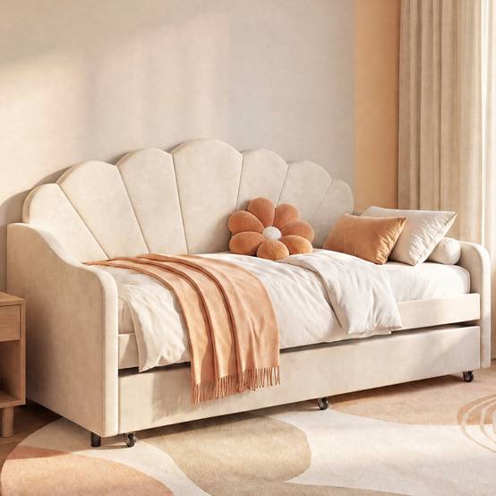 IDMARKET - Lit banquette gigogne coquillage AMANDA 2 x 90 x 190 cm avec 2 sommiers velours beige - Image 6