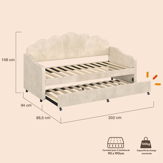 IDMARKET - Lit banquette gigogne coquillage AMANDA 2 x 90 x 190 cm avec 2 sommiers velours beige - Image 4
