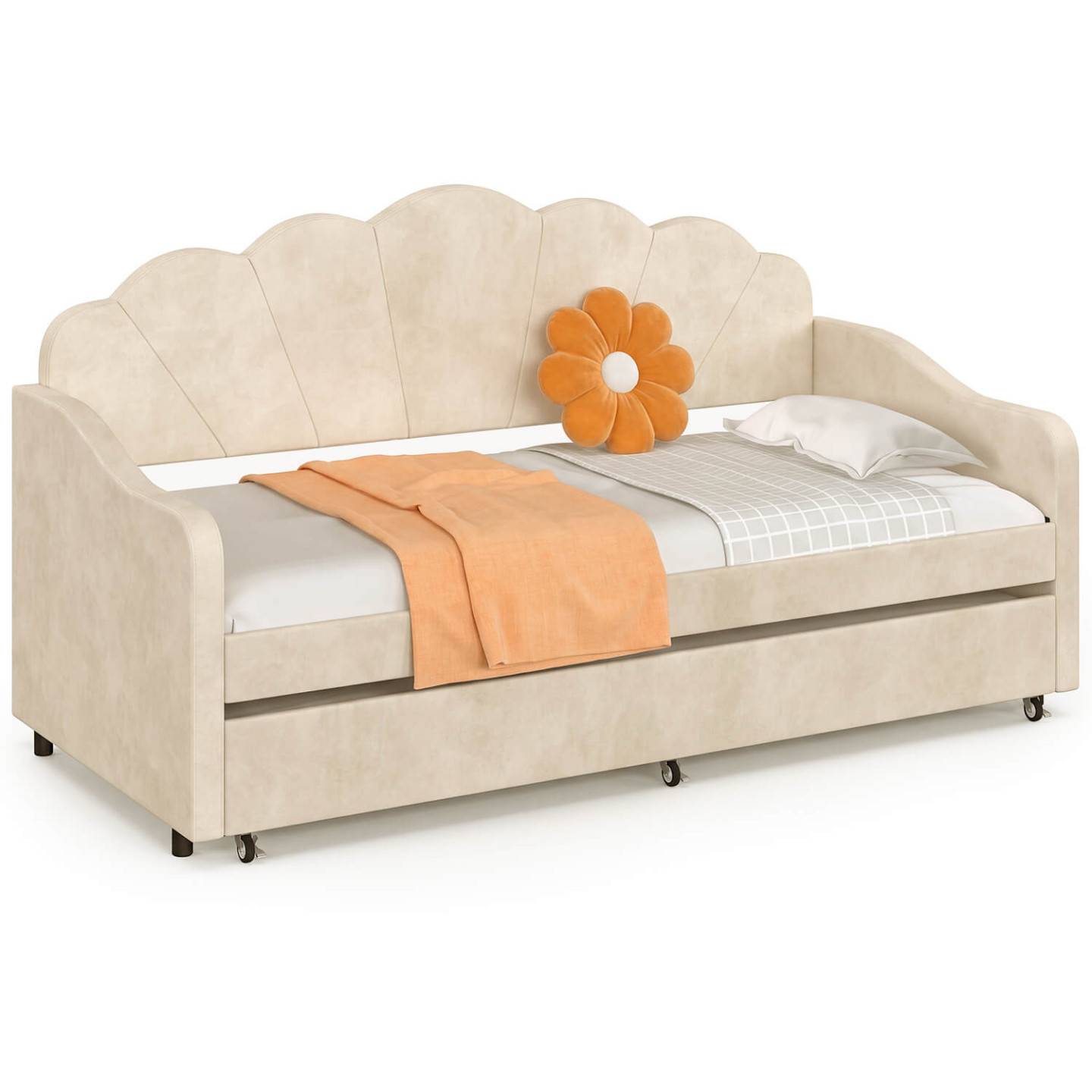 IDMARKET - Lit banquette gigogne coquillage AMANDA 2 x 90 x 190 cm avec 2 sommiers velours beige - Image 2
