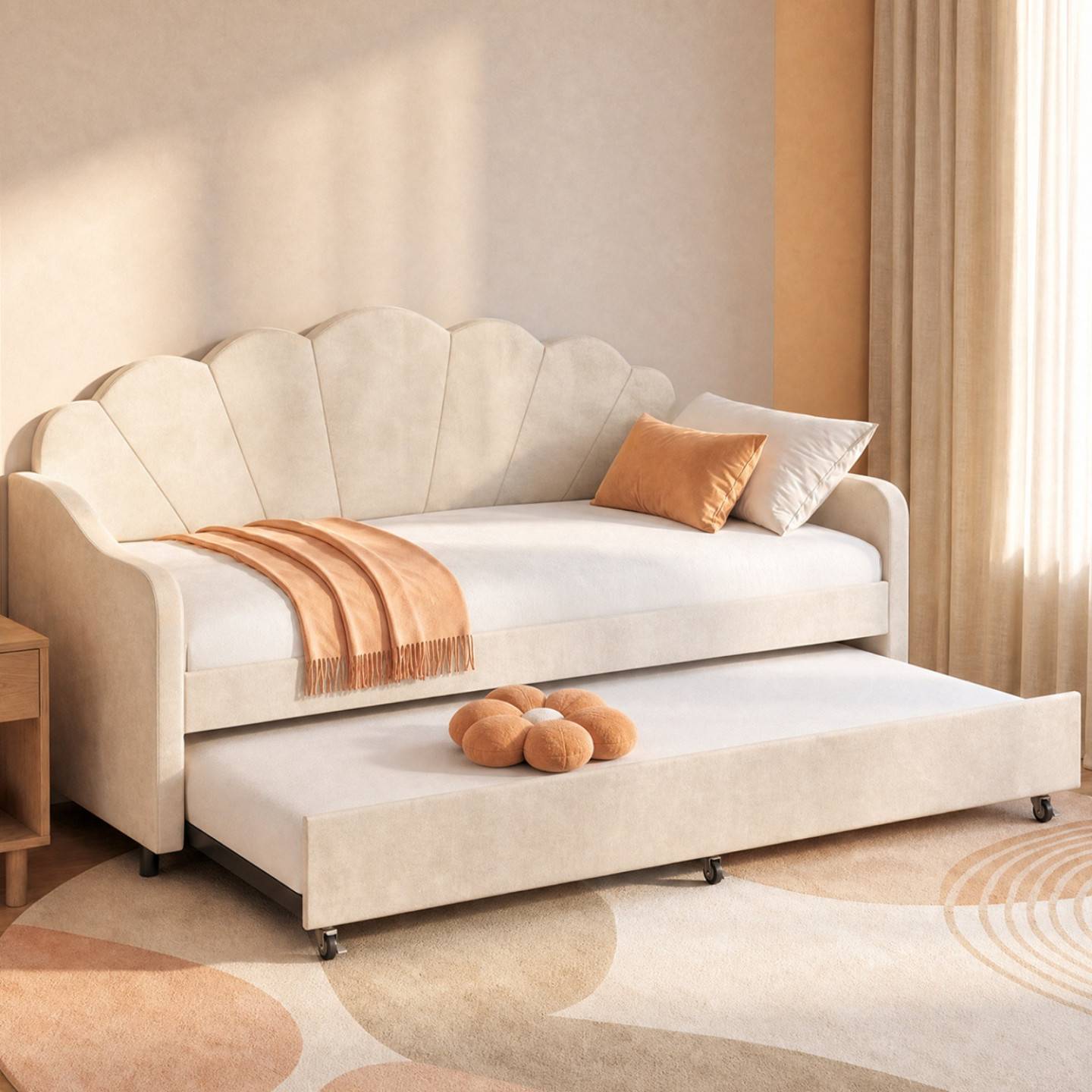 IDMARKET - Lit banquette gigogne coquillage AMANDA 2 x 90 x 190 cm avec 2 sommiers velours beige - Image 1