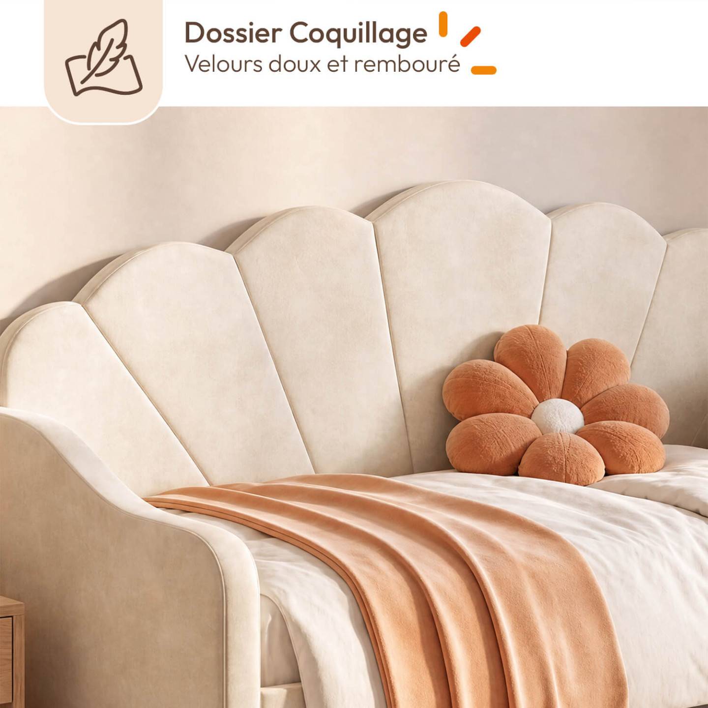IDMARKET - Lit banquette gigogne coquillage AMANDA 2 x 90 x 190 cm avec 2 sommiers velours beige - Image 5