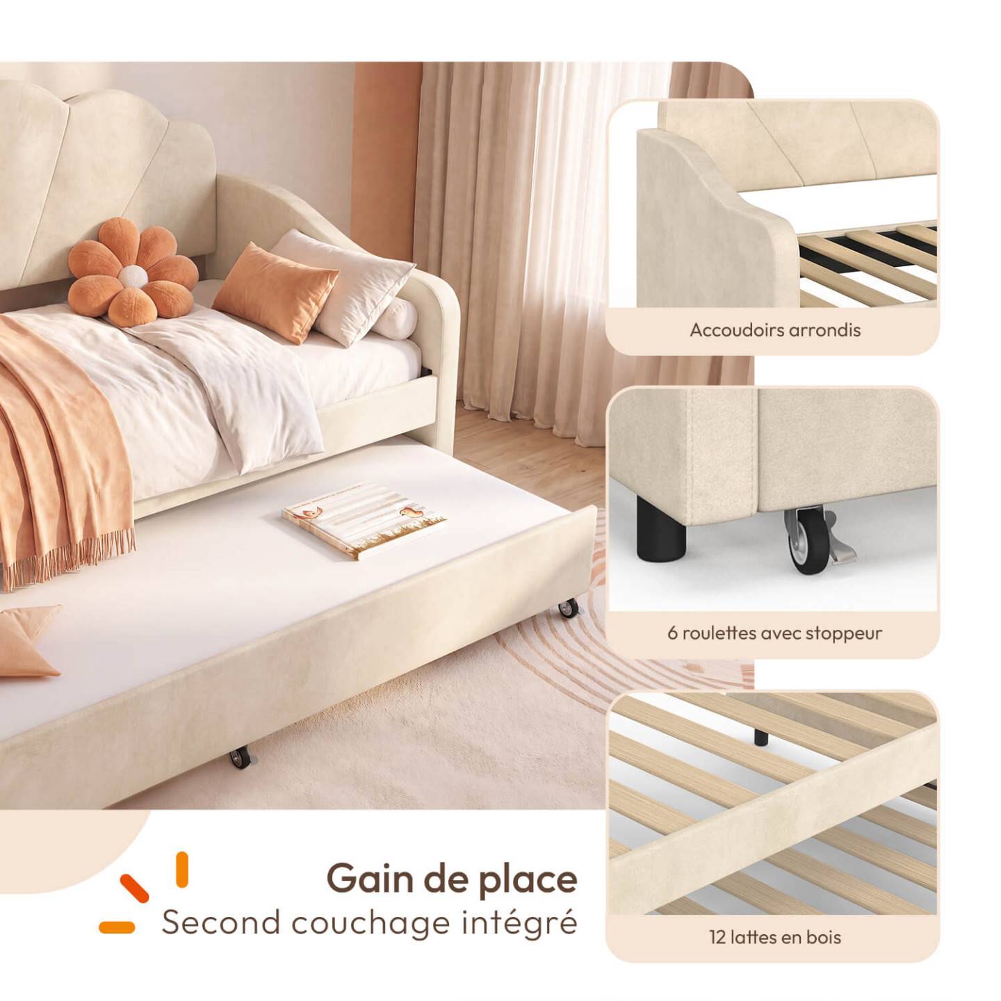 IDMARKET - Lit banquette gigogne coquillage AMANDA 2 x 90 x 190 cm avec 2 sommiers velours beige - Image 3