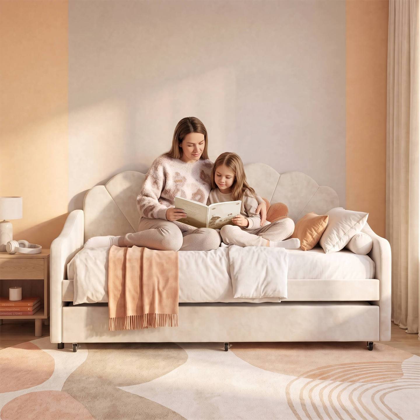 IDMARKET - Lit banquette gigogne coquillage AMANDA 2 x 90 x 190 cm avec 2 sommiers velours beige - Image 7