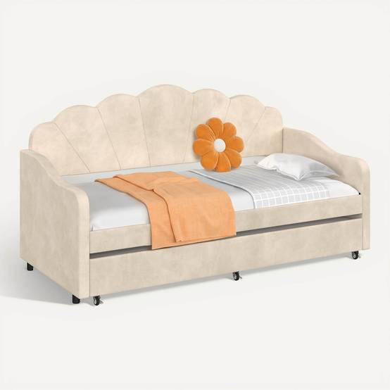 IDMARKET - Lit banquette gigogne coquillage AMANDA 2 x 90 x 190 cm avec 2 sommiers velours beige - Image 9