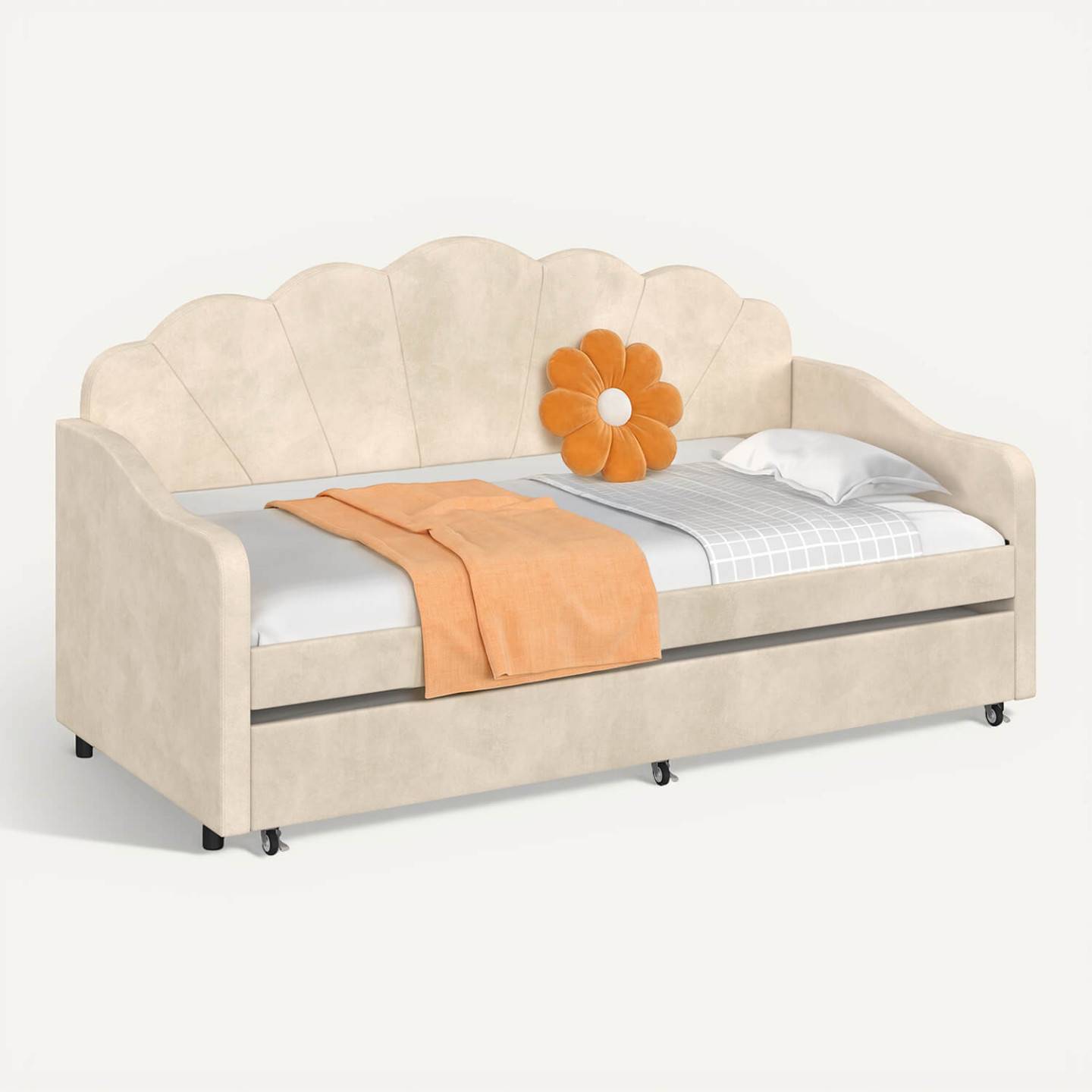 IDMARKET - Lit banquette gigogne coquillage AMANDA 2 x 90 x 190 cm avec 2 sommiers velours beige - Image 9