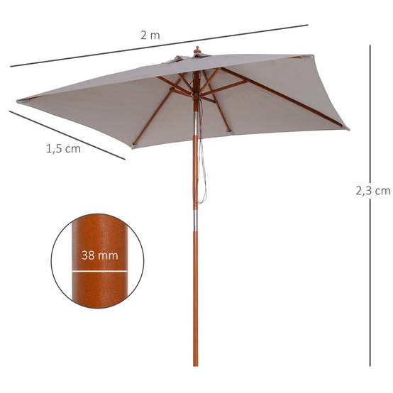 Parasol de Jardin Rectangulaire Mât Bois Inclinable à Poulie 200x150 cm Gris - ComfortXL Outdoor Living - Image 5