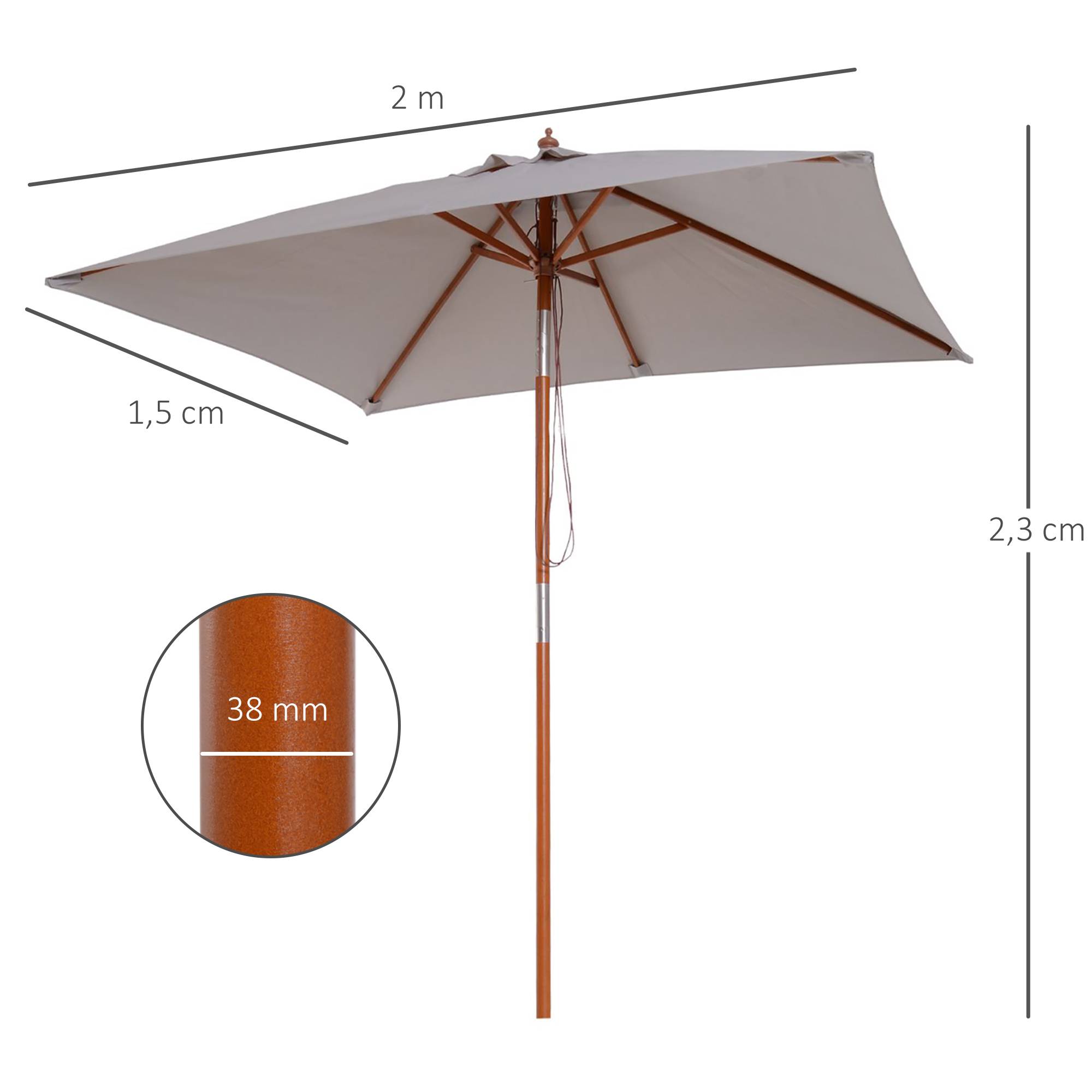 Parasol de Jardin Rectangulaire Mât Bois Inclinable à Poulie 200x150 cm Gris - ComfortXL Outdoor Living - Image 5