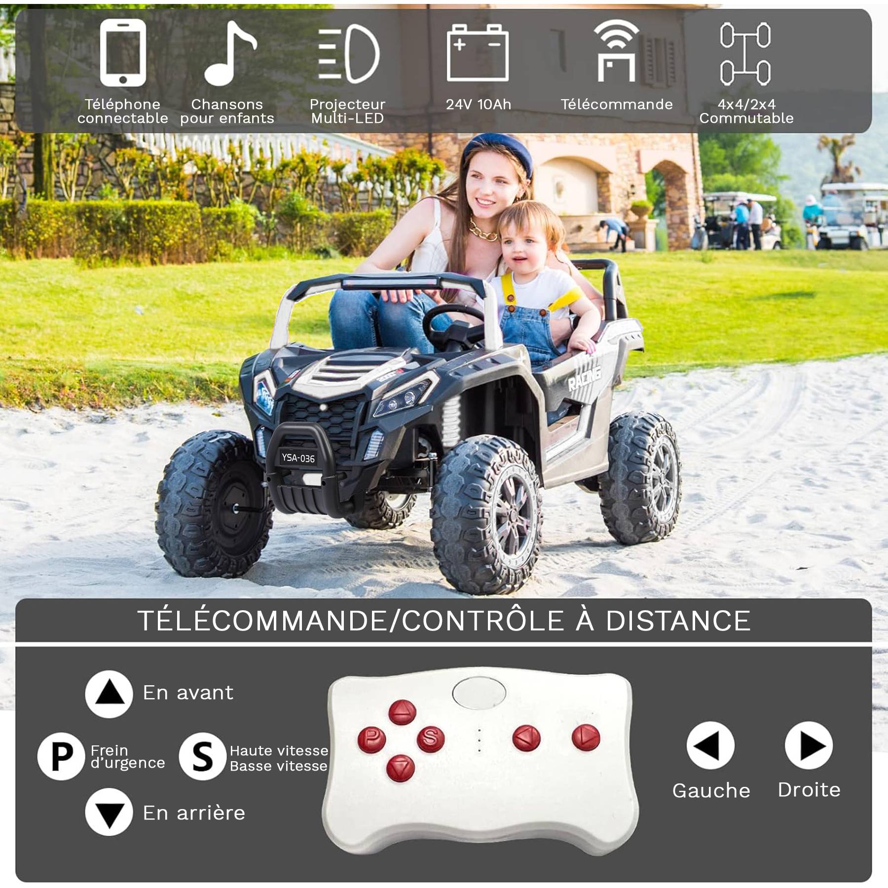 0 - Véhicule électrique tout-terrain pour enfants UTV 12 V, adapté aux enfants de 2 à 6 km/h - Blanc - Image 4