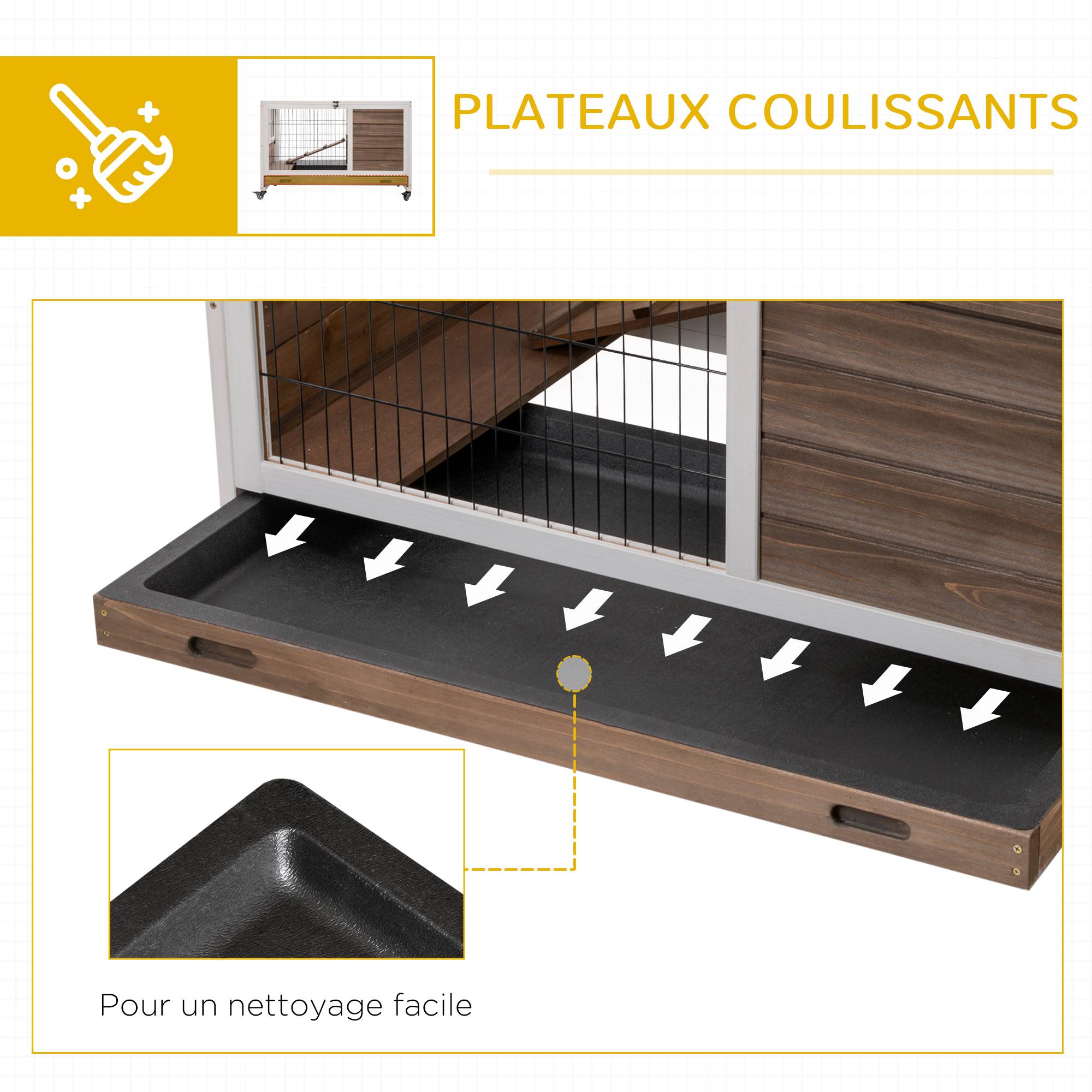 Clapier à lapin sur roulettes 2 étages porte verrouillable toit ouvrant plateau coulissant rampe marron blanc - Image 8