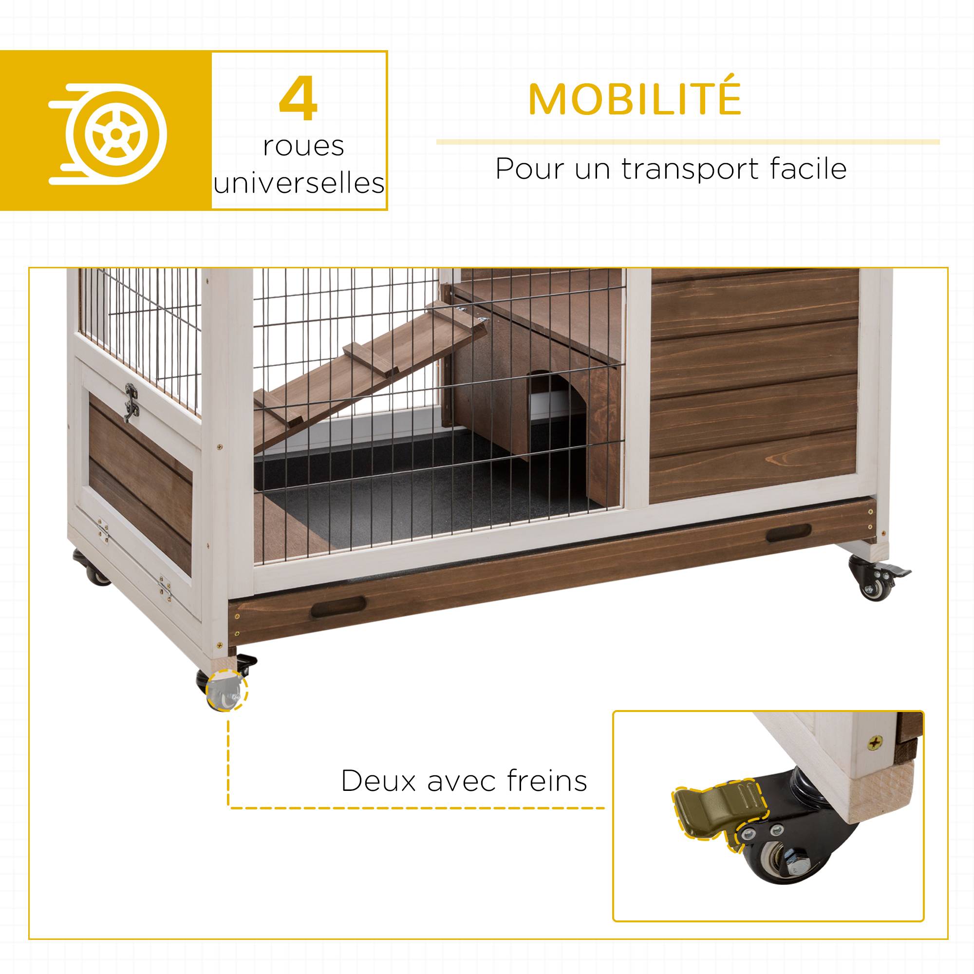 Clapier à lapin sur roulettes 2 étages porte verrouillable toit ouvrant plateau coulissant rampe marron blanc - Image 9