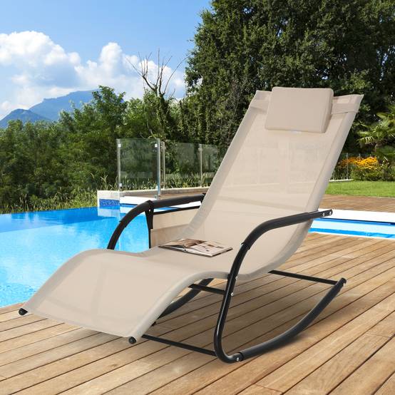 Chaise longue à bascule métal jardin piscine ergonomique 150x62x88cm beige - ComfortXL Outdoor Living - Image 3