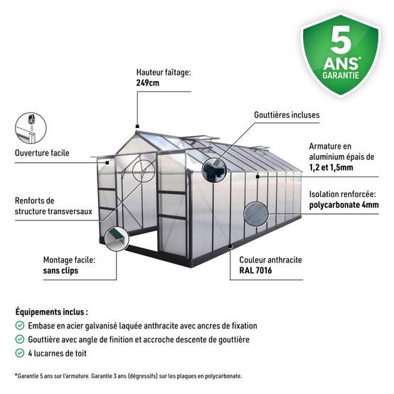 Serre de jardin 16,9 m² polycarbonate 4mm anthracite avec embase Green Protect - Image 4