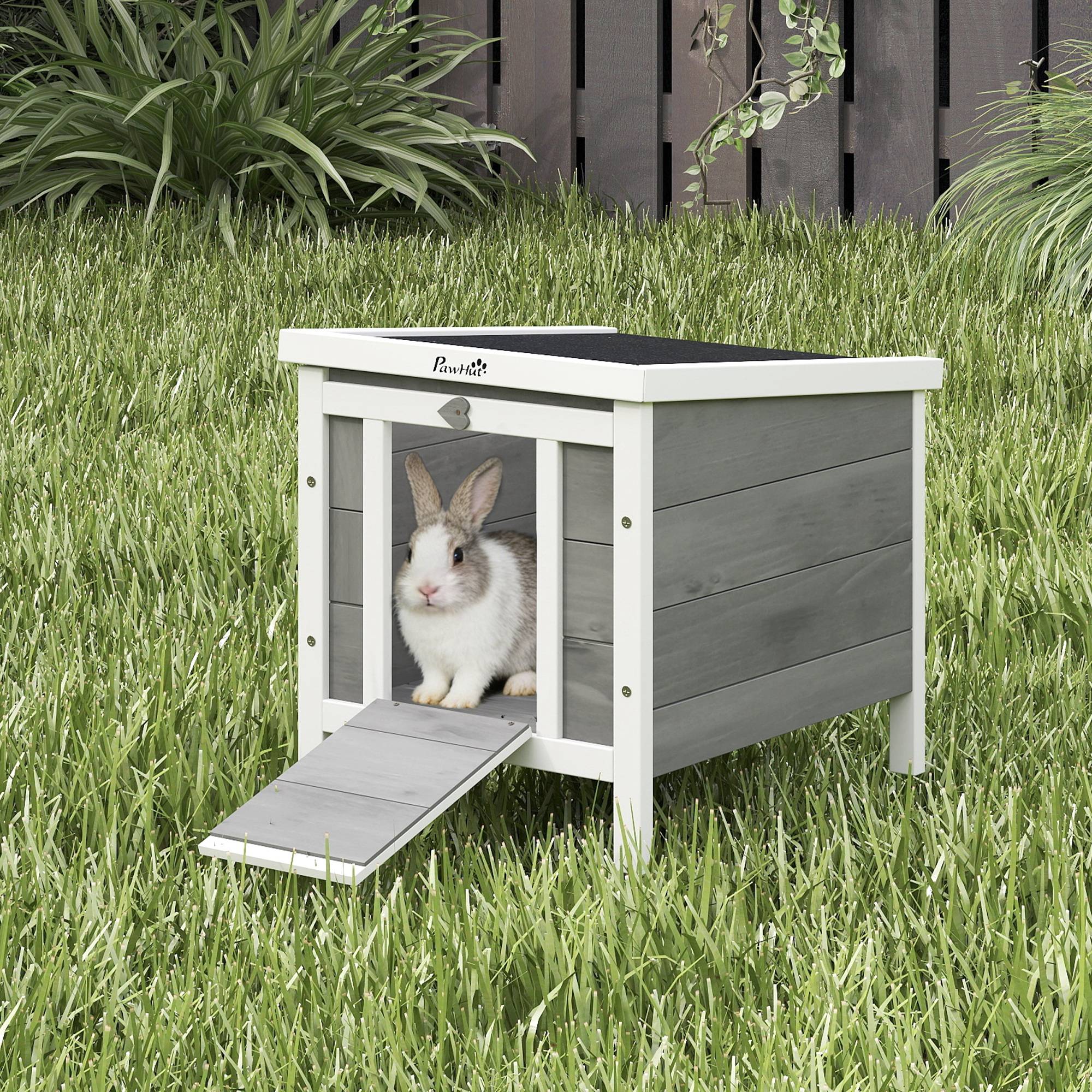 Clapier à lapin cage à lapin avec rampes/porte, toit ouvrant et étanche - en bois de sapin 51 x 42 x 43 cm gris et blanc - Image 3