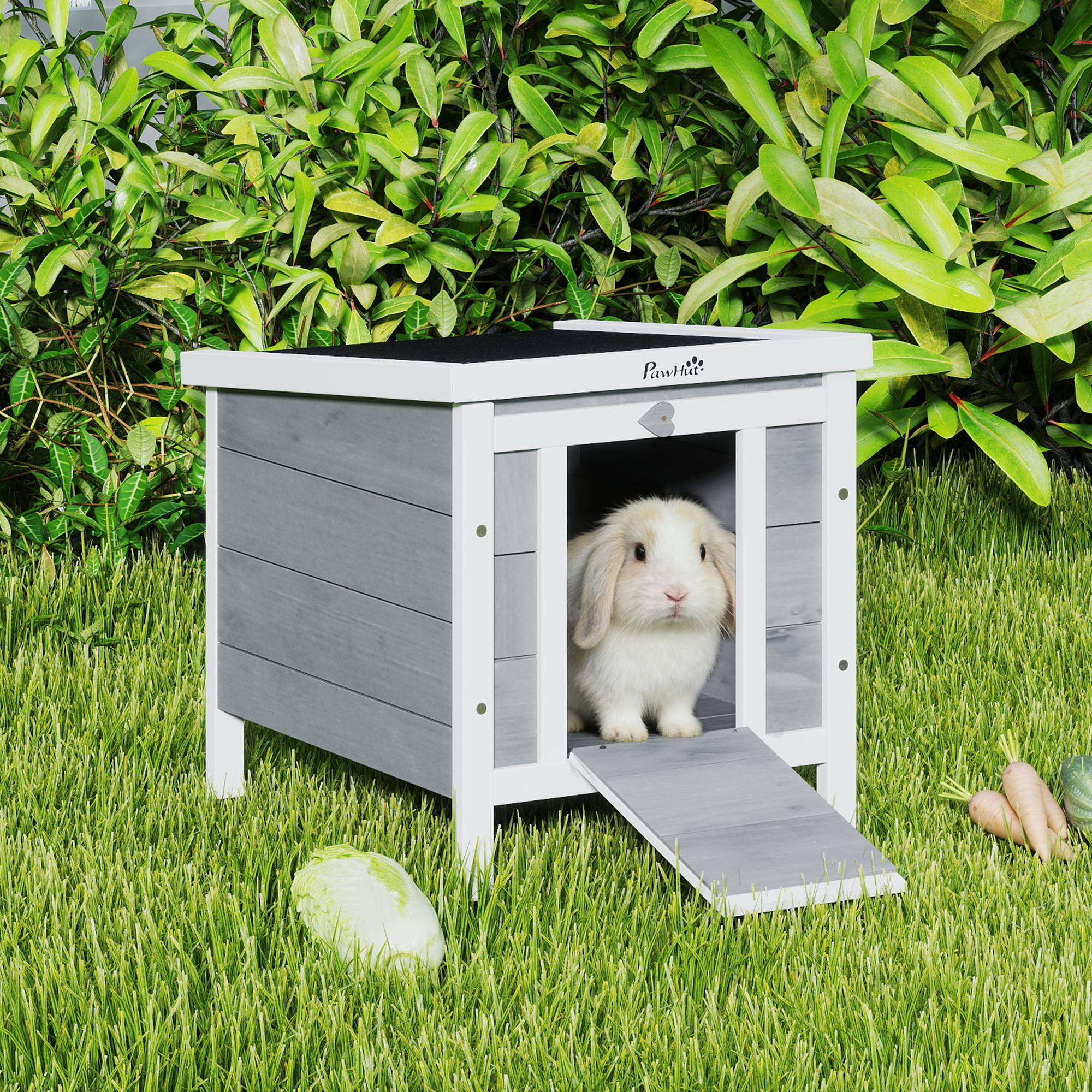 Clapier à lapin cage à lapin avec rampes/porte, toit ouvrant et étanche - en bois de sapin 51 x 42 x 43 cm gris et blanc - Image 4