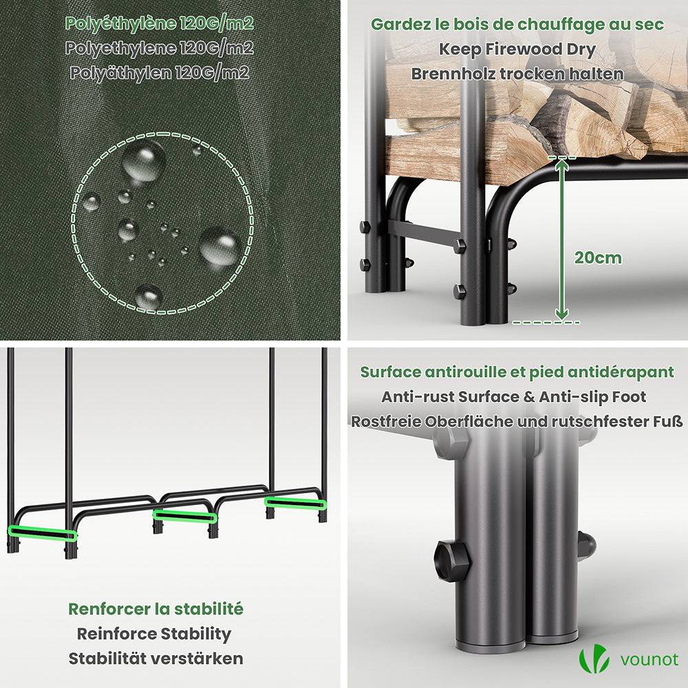 Serre bûche 2m avec housse verte - acier anti-rouille - support bois cheminée - range bois intérieur et extérieur - VOUNOT® - Image 6