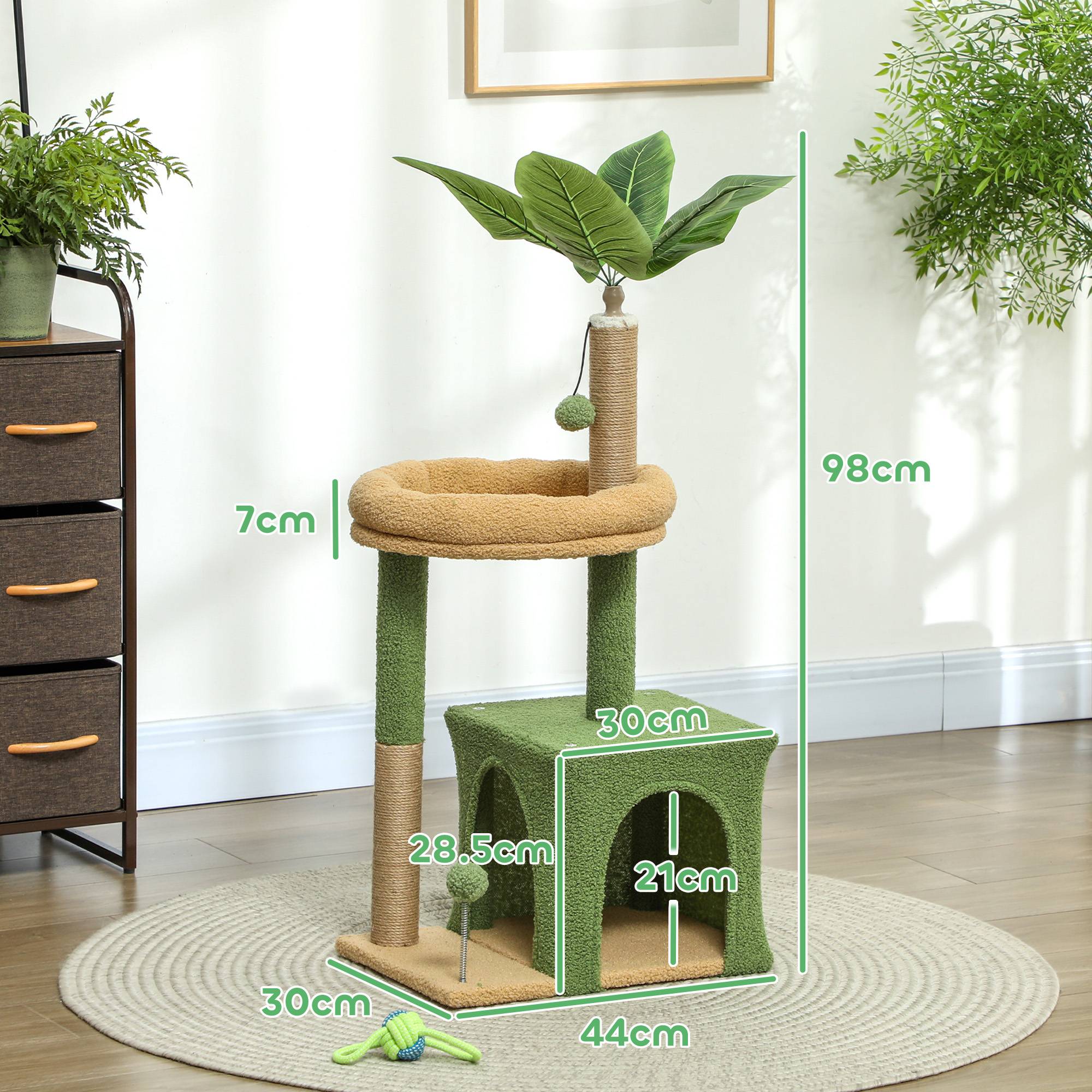 Sans Marque - Arbre à chat bois niche panier 2 balles mobilier chat intérieur 44 x 30 x 98 cm vert marron - Image 5