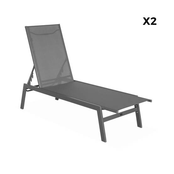 Lot de 2 transats anthracite. 5 positions. en textilène et métal. FLORA. L155 x P59 x H106cm | sweeek - Image 7