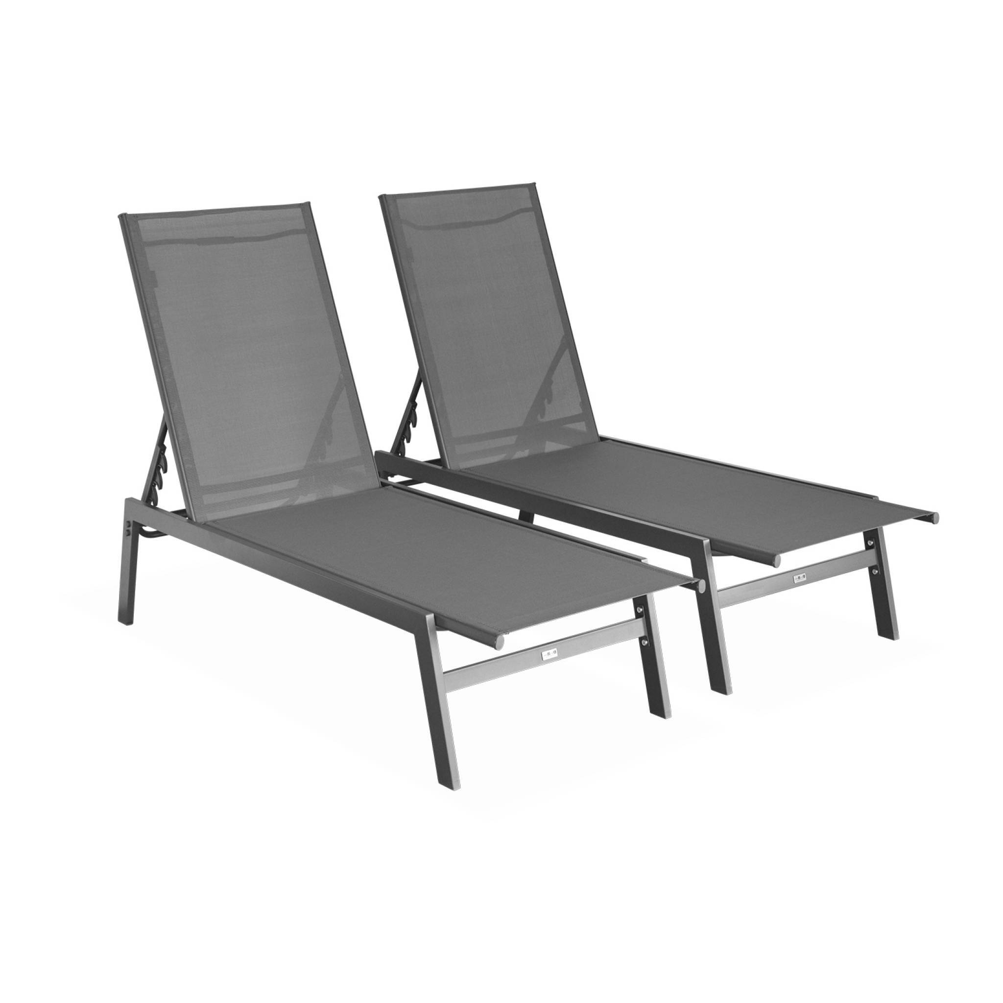 Lot de 2 transats anthracite. 5 positions. en textilène et métal. FLORA. L155 x P59 x H106cm | sweeek - Image 2