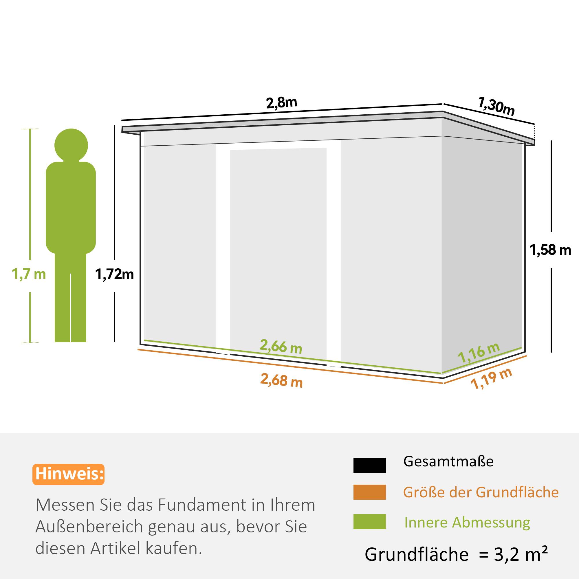 Abri de jardin métallique 6,3 m³ 280x130x172 cm toit pentu porte coulissante anthracite vert foncé - Image 5