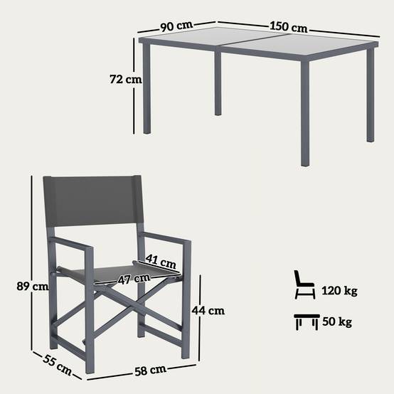 Ensemble de salle à manger 5 pièces, acier, pour 4 personnes, table et 4 chaises pliantes, plateau en verre, gris - Image 5