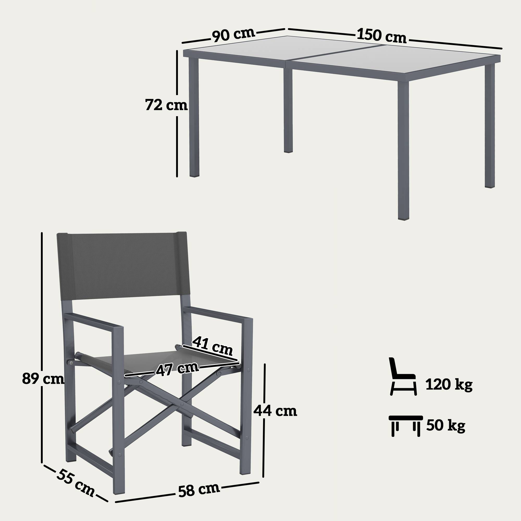 Ensemble de salle à manger 5 pièces, acier, pour 4 personnes, table et 4 chaises pliantes, plateau en verre, gris - Image 5