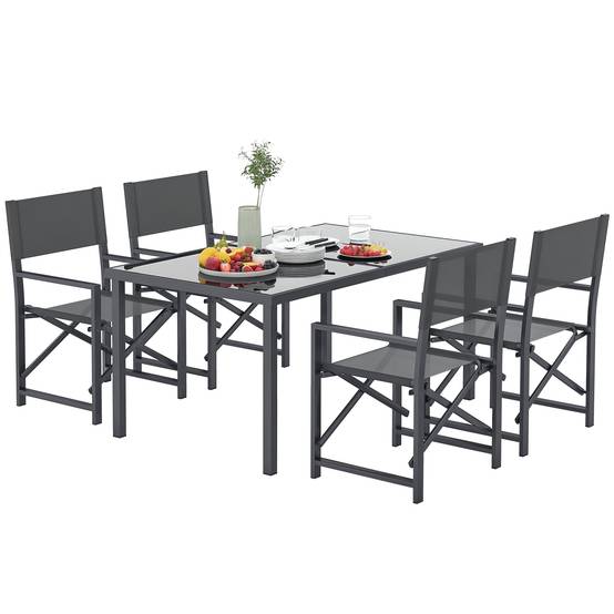 Ensemble de salle à manger 5 pièces, acier, pour 4 personnes, table et 4 chaises pliantes, plateau en verre, gris - Image 1