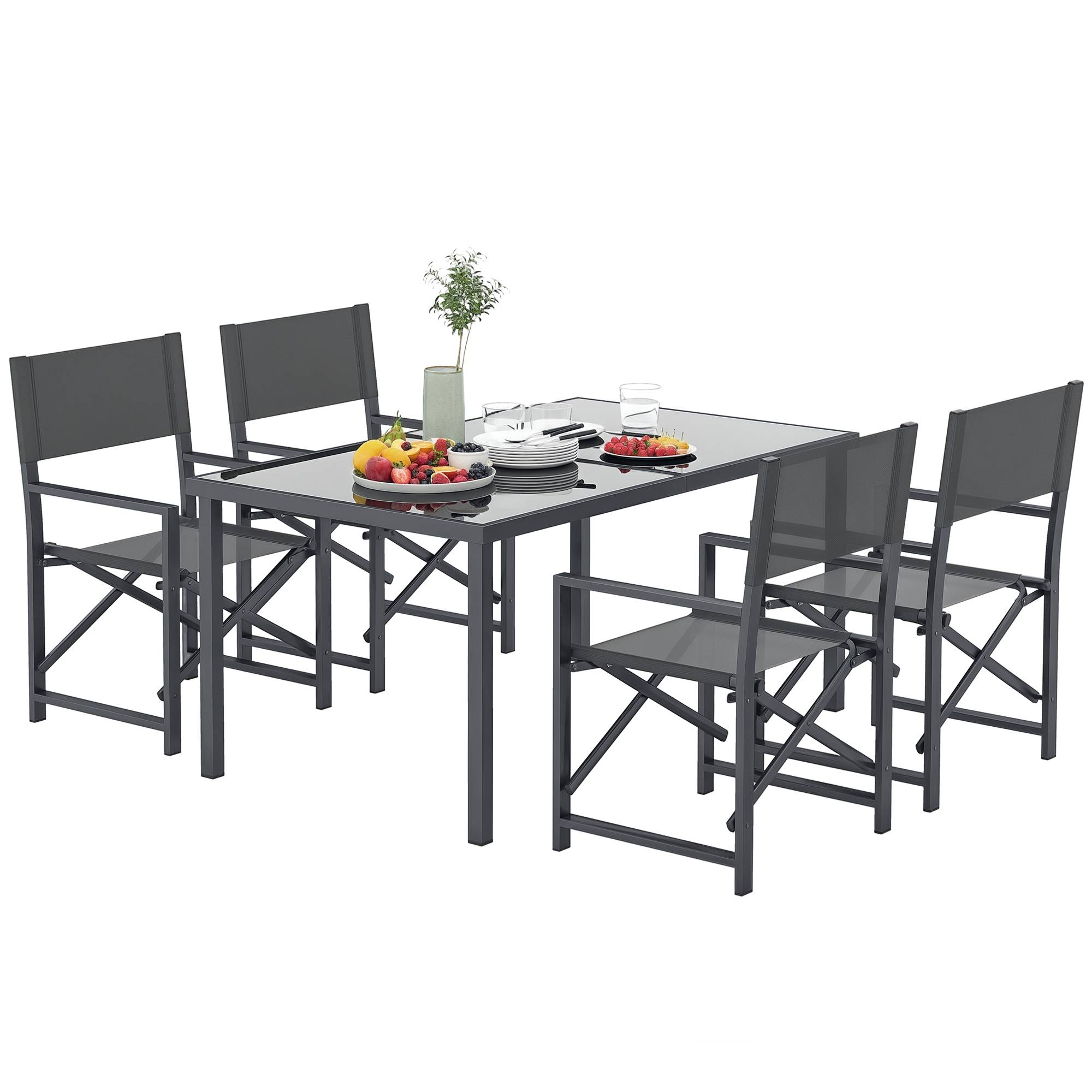 Ensemble de salle à manger 5 pièces, acier, pour 4 personnes, table et 4 chaises pliantes, plateau en verre, gris - Image 1