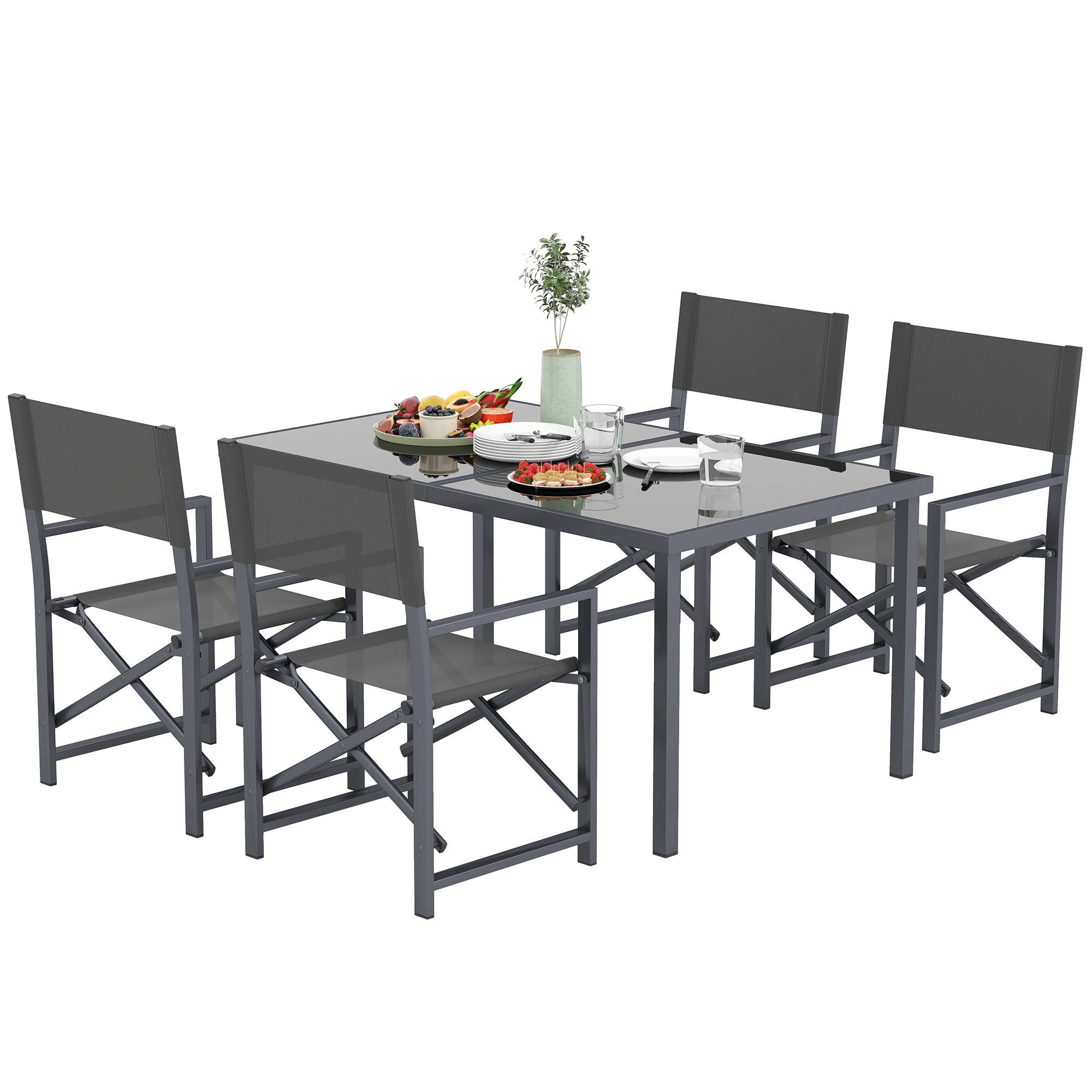 Ensemble de salle à manger 5 pièces, acier, pour 4 personnes, table et 4 chaises pliantes, plateau en verre, gris - Image 2