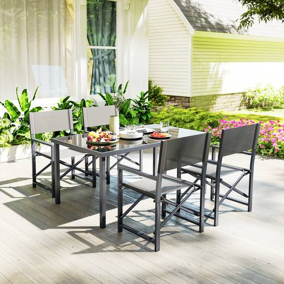 Ensemble de salle à manger 5 pièces, acier, pour 4 personnes, table et 4 chaises pliantes, plateau en verre, gris - Image 4