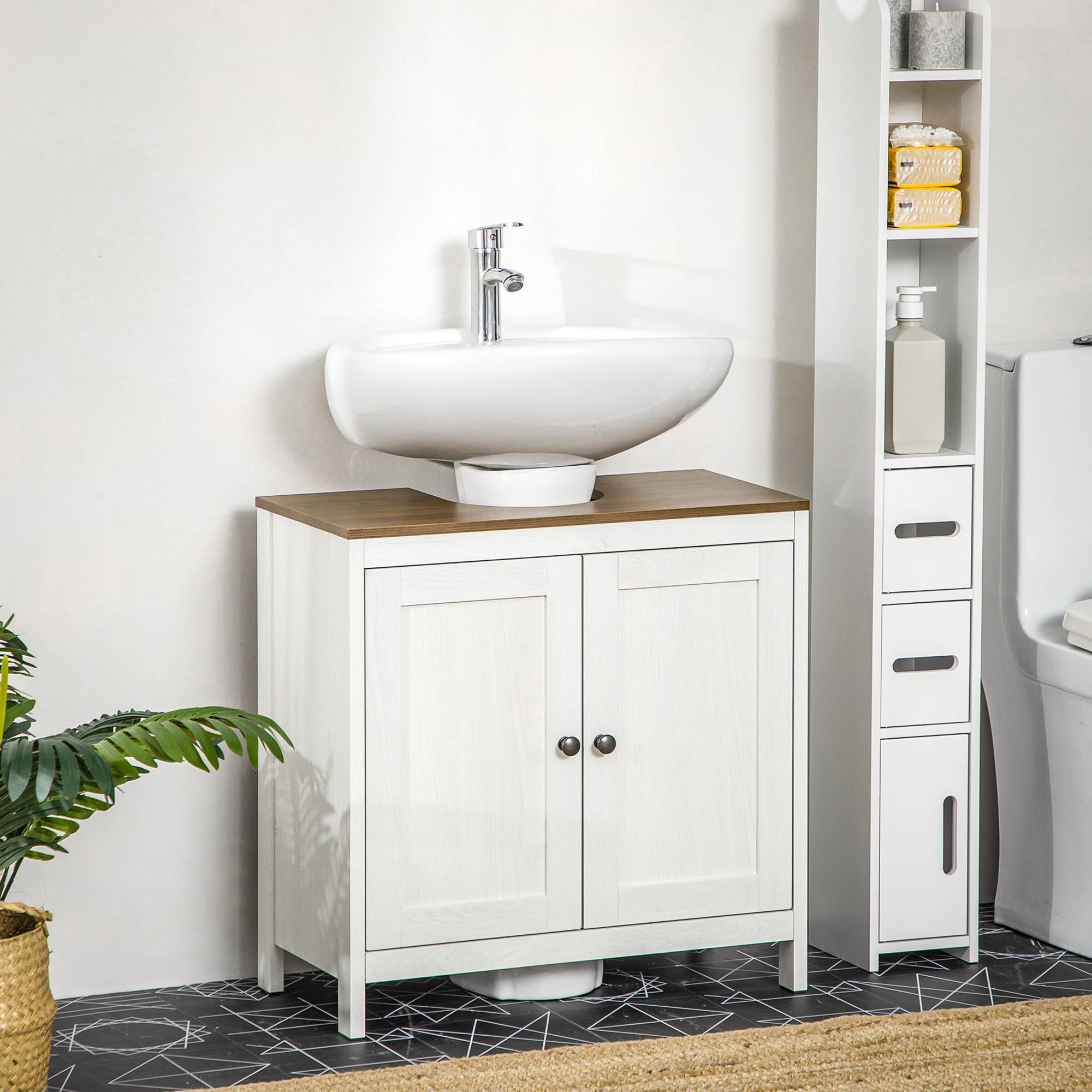 Sans Marque - Meuble sous lavabo meuble salle bain 2 portes étagère 60x30x60 cm blanc aspect bois - Image 3