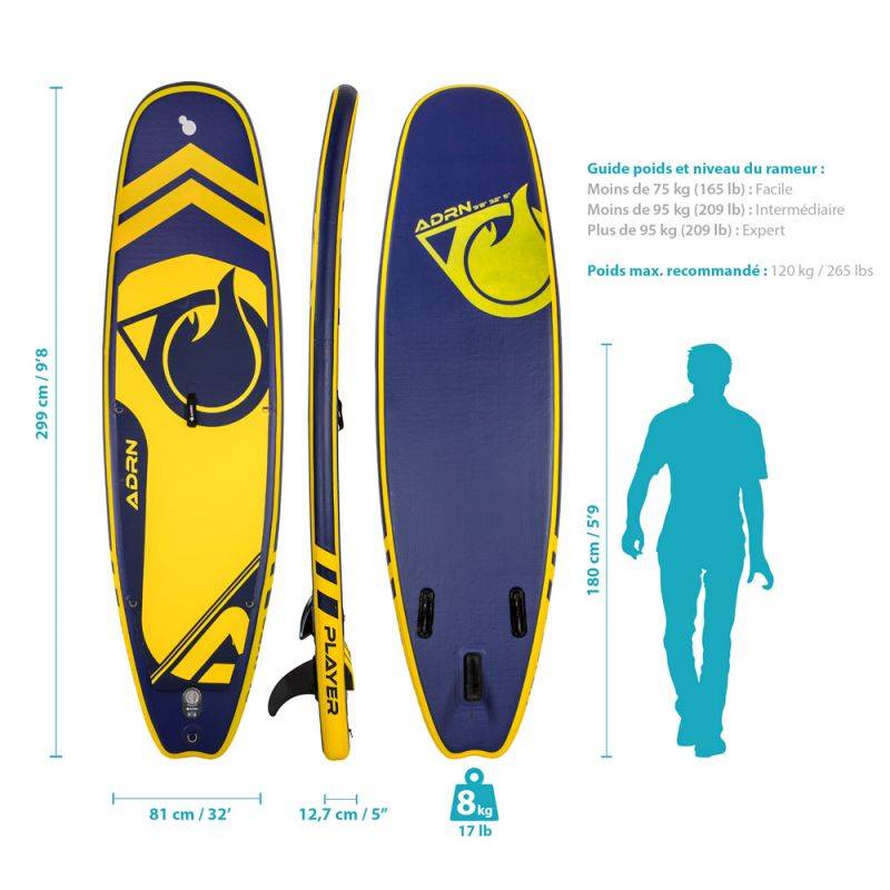 Paddle Gonflable PLAYER 9'8 32'' 5'' (299x81x12,7cm) avec Pompe, Pagaie, Leash et Sac de transport ADRN - Image 2