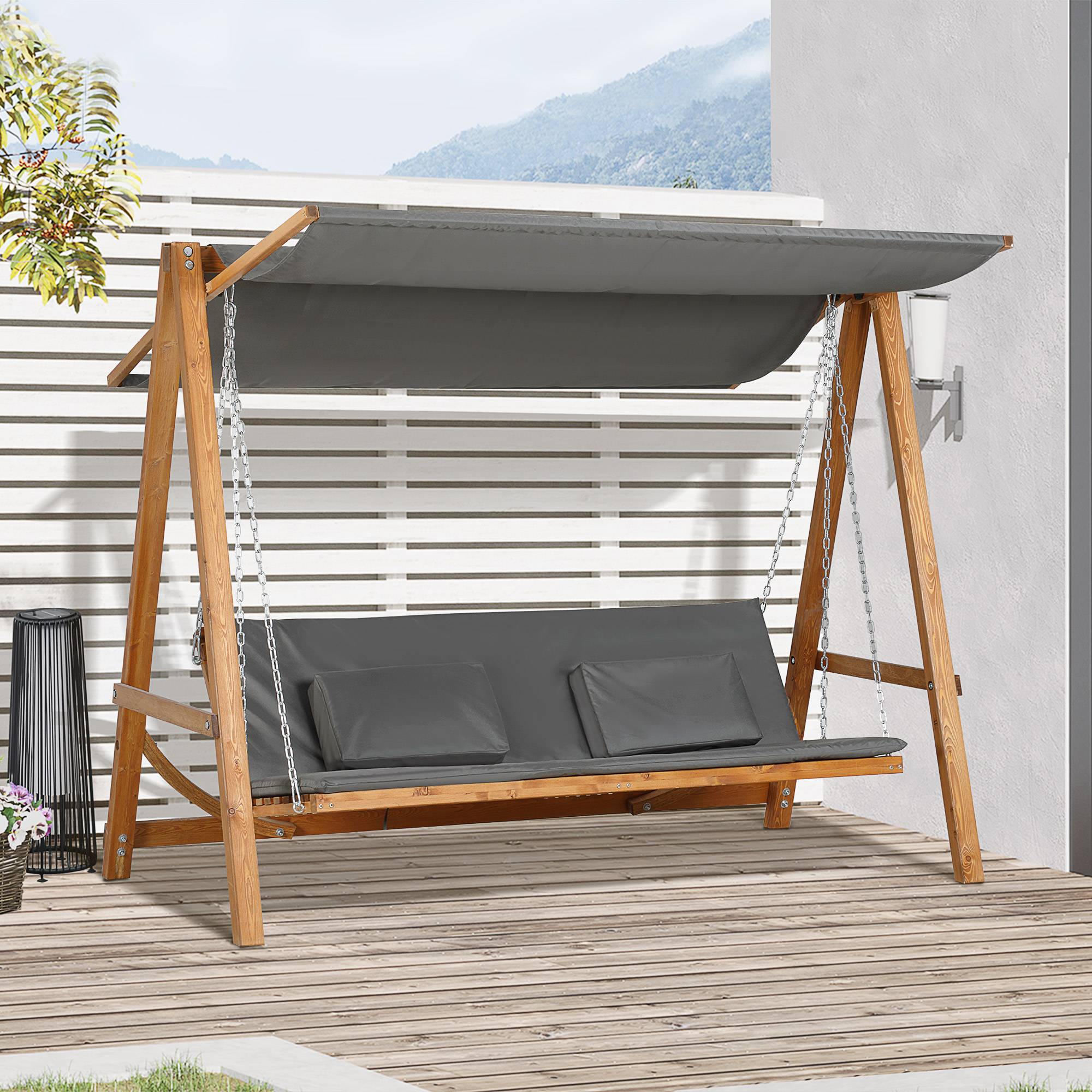 Balancelle Hollywood convertible en lit, balancelle de jardin 3 places, bois de mélèze avec pare-soleil réglable, 225,5 x 130 x 180 cm - Image 4
