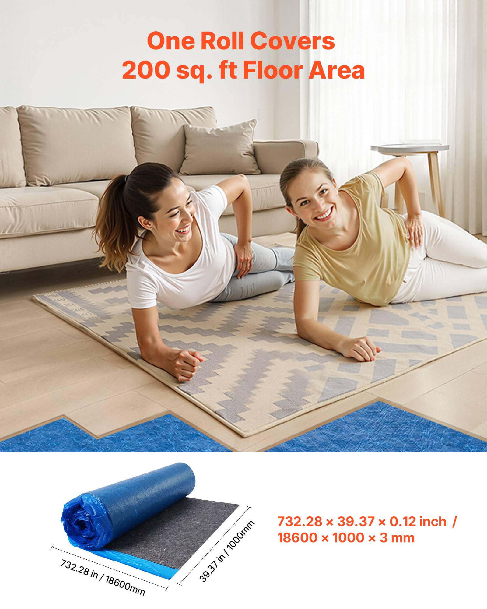 Vevor - VEVOR Sous-couche parquet 37,2 m² (2x18,6 m²), 3 mm, fibre résistante, film PE imperméable, isolation phonique, compatible vinyle, stratifié, bois. - Image 2