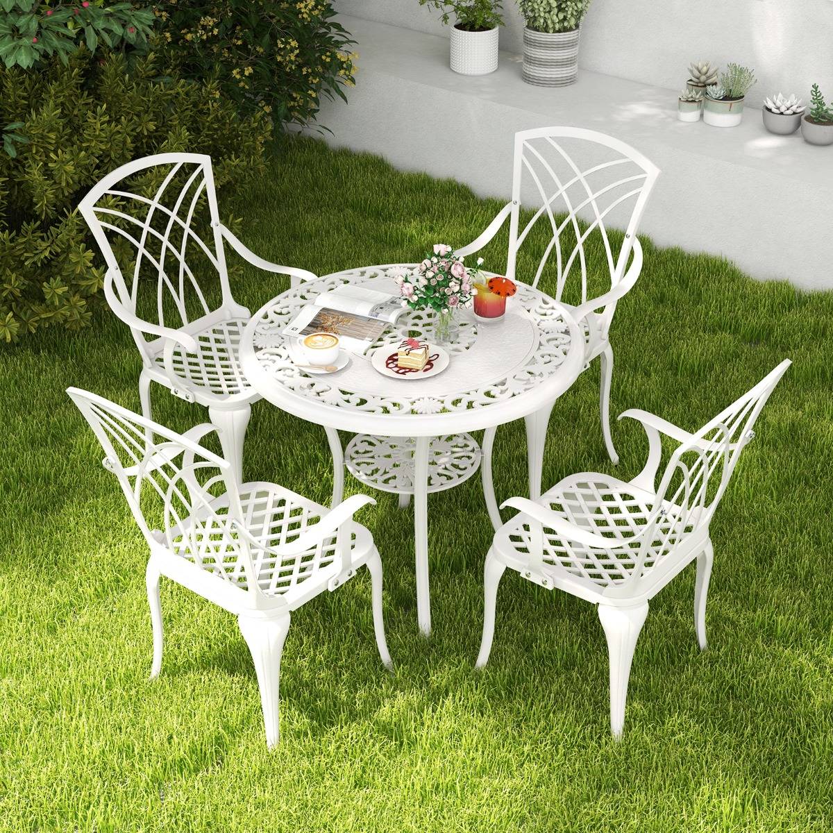 5 Pcs Salon de Jardin en Fonte d'Aluminium Trou pour Parasol Repose-pieds Réglables Ensemble de Table Ronde et 4 Chaises Blanc MAISON CHIC - Image 3