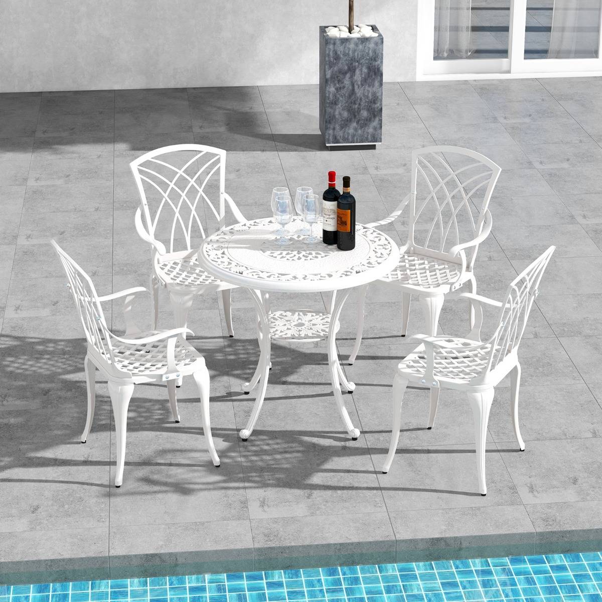 5 Pcs Salon de Jardin en Fonte d'Aluminium Trou pour Parasol Repose-pieds Réglables Ensemble de Table Ronde et 4 Chaises Blanc MAISON CHIC - Image 2