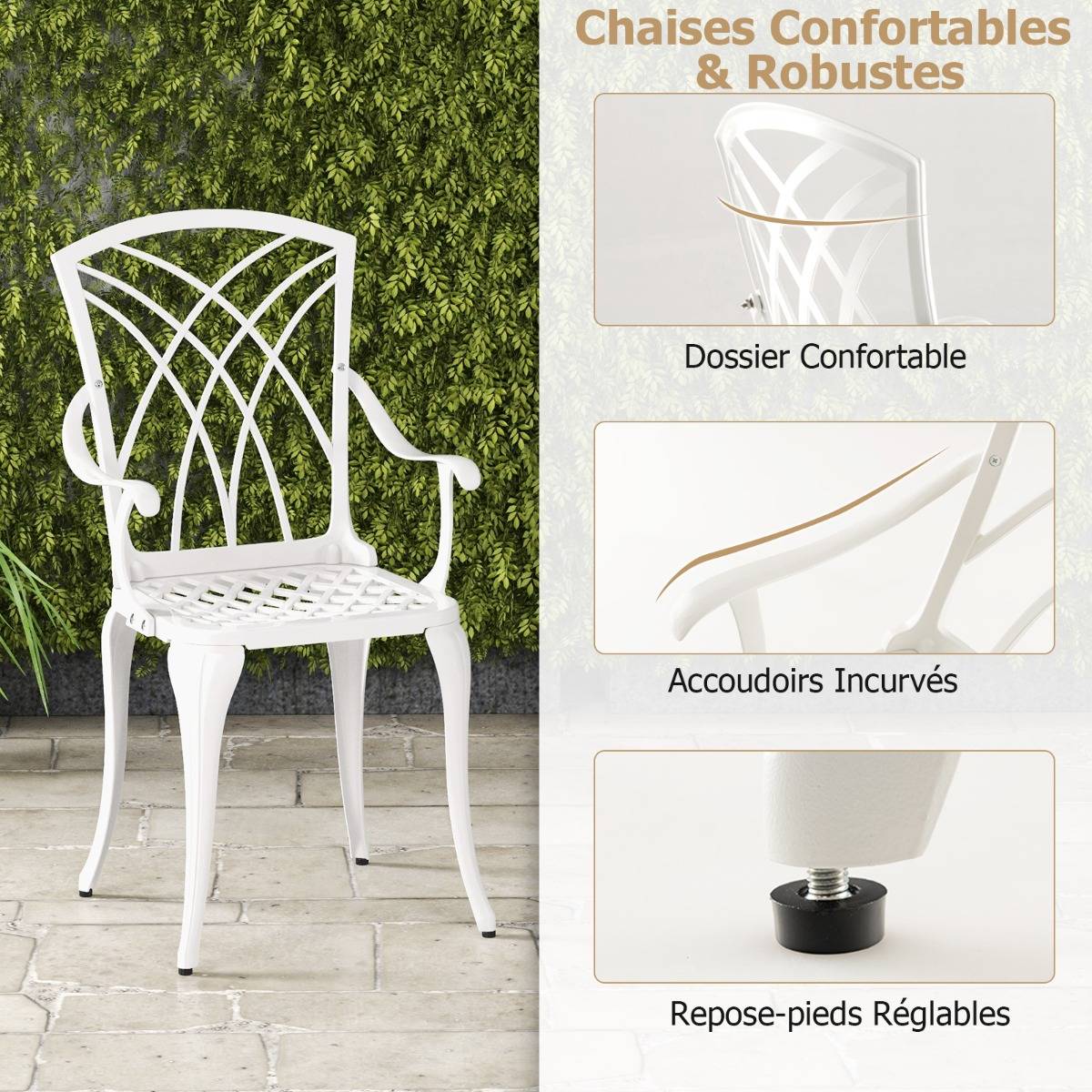 5 Pcs Salon de Jardin en Fonte d'Aluminium Trou pour Parasol Repose-pieds Réglables Ensemble de Table Ronde et 4 Chaises Blanc MAISON CHIC - Image 4