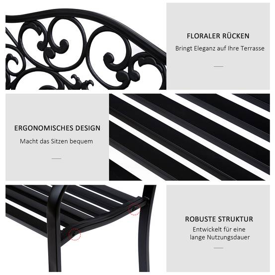 Banc de jardin 2 places avec table extensible, dossier et accoudoirs, 150x58,5x90 cm, charge 240 kg, noir - Image 7